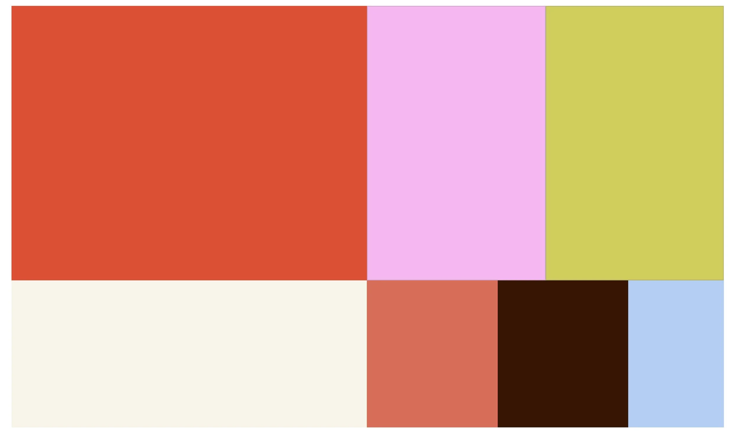 A collection of colorful rectangular blocks arranged in a grid, with colors including red, pink, yellow-green, beige, coral, dark brown, and light blue.
