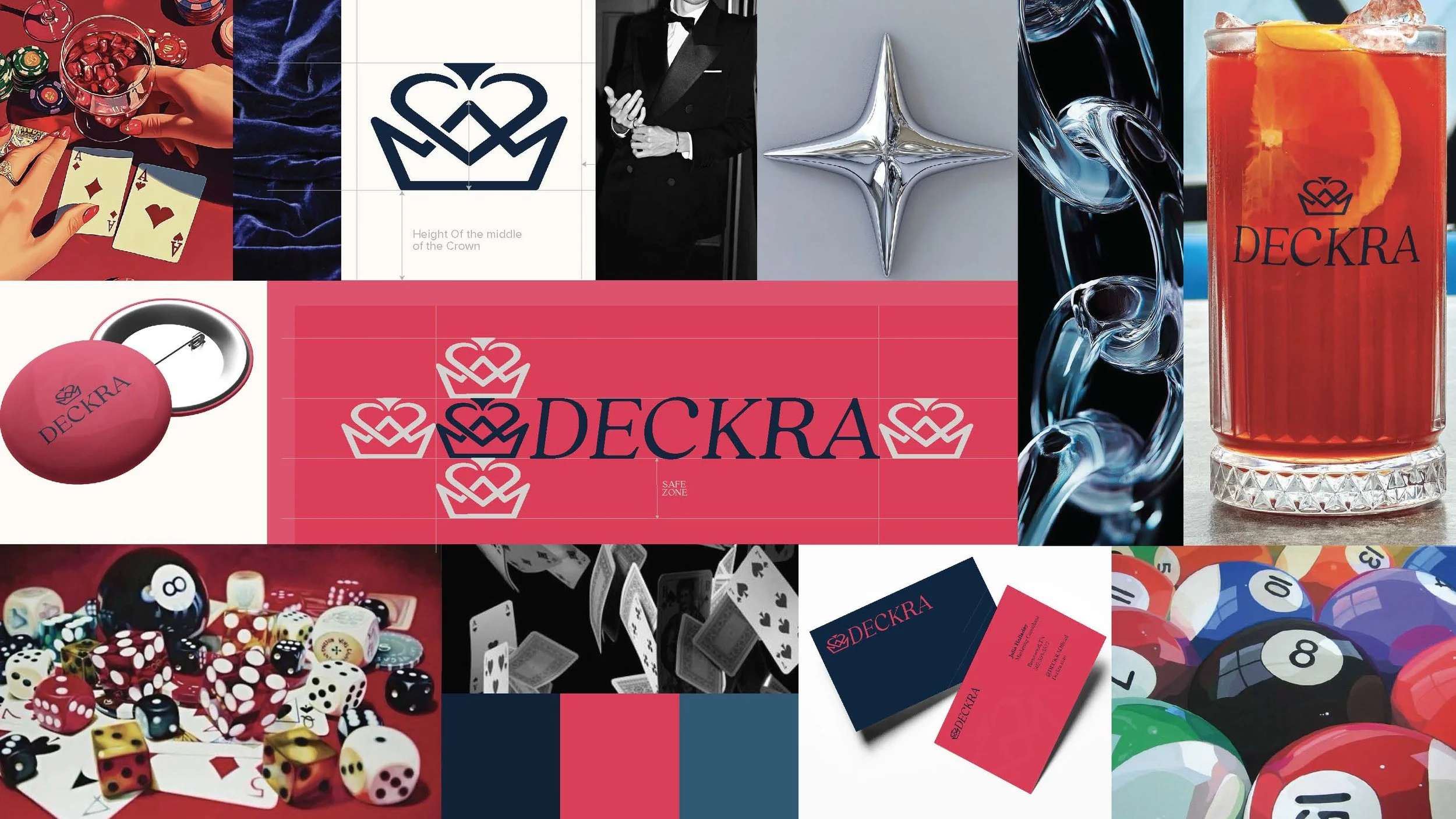 A collage of casino and gambling-related items including poker chips, playing cards, a roulette ball, a poker table layout, business cards, a cocktail drink, and various gaming paraphernalia with the branding of 'DECKRA'.