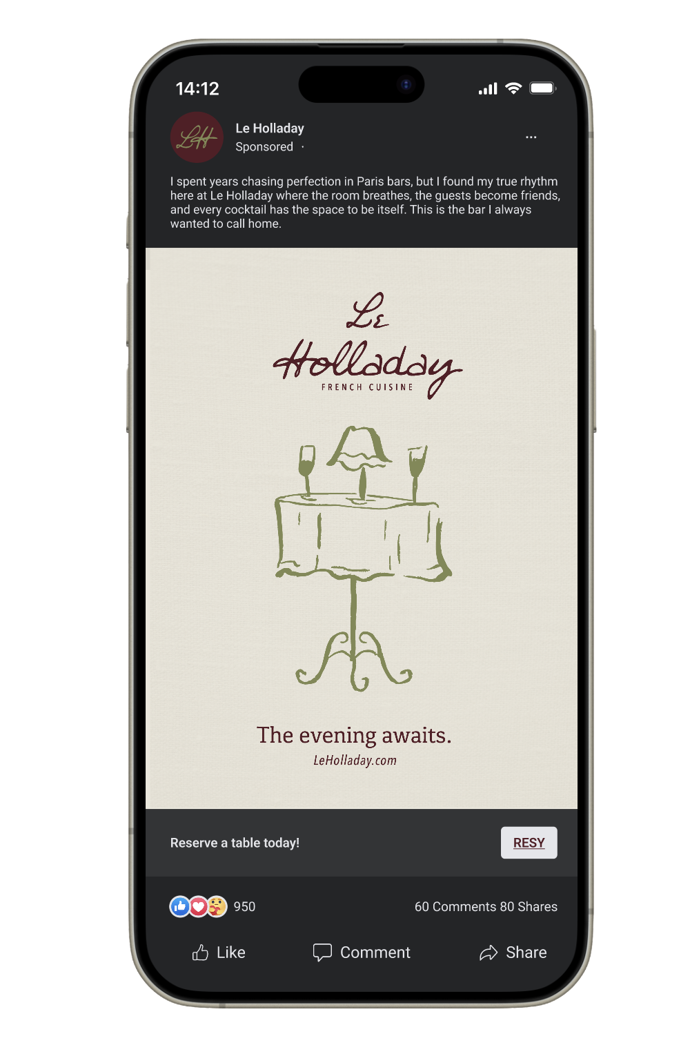 Social media advertisement for Le Holladay French Cuisine, featuring a sketch of a table with a lamp and two glasses, and the text "The evening awaits."