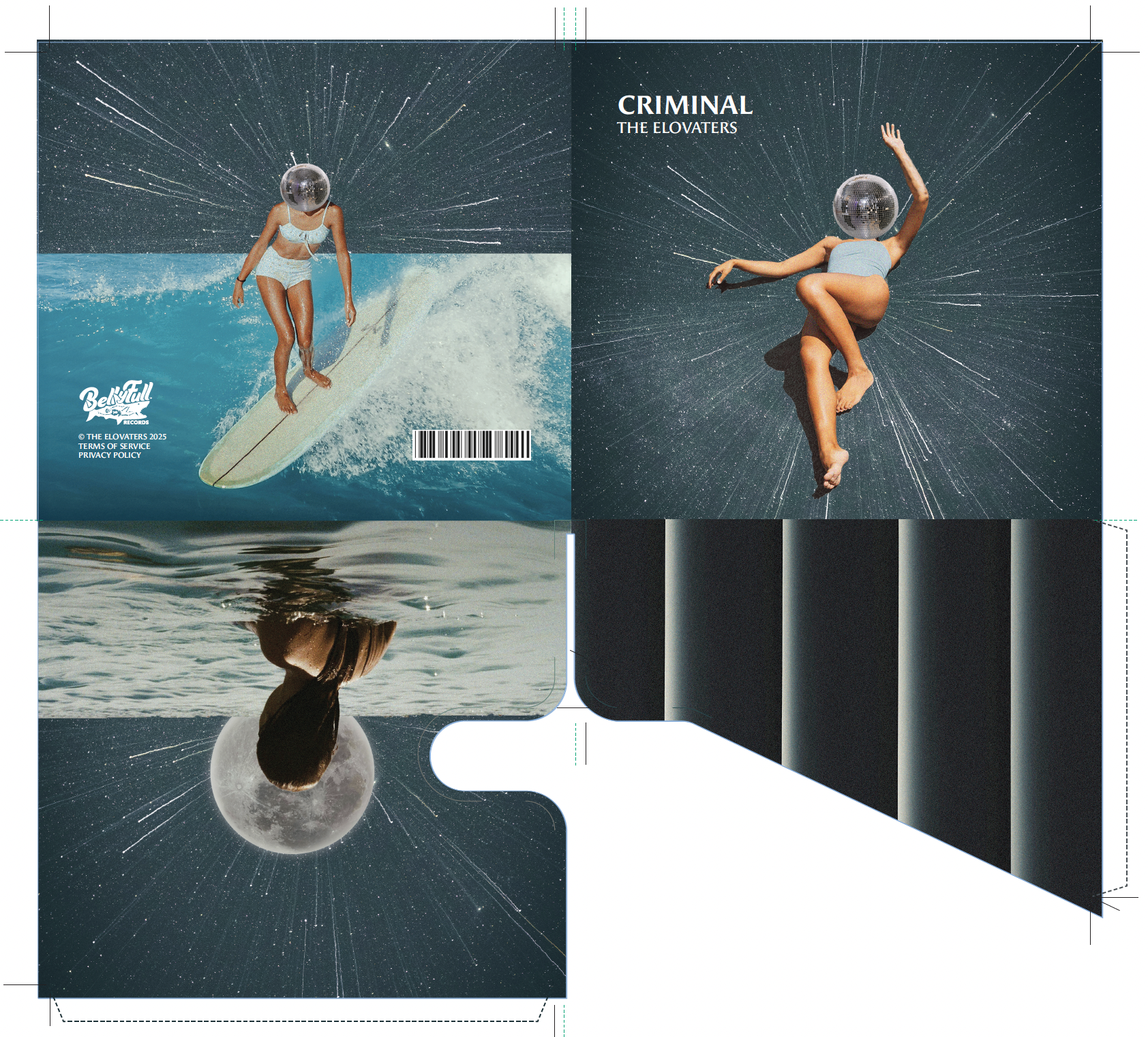 A collage of four images with a surreal design. The top left shows a woman surfing on ocean waves with a disco ball as a head, under a starry sky with shooting stars. The top right depicts the same woman with a disco ball head, floating or falling in space with a starry background. The bottom left shows a woman underwater with her head submerged, facing upwards, with the moon and starry sky in the background. The bottom right features a dark, abstract, vertical gradient design.