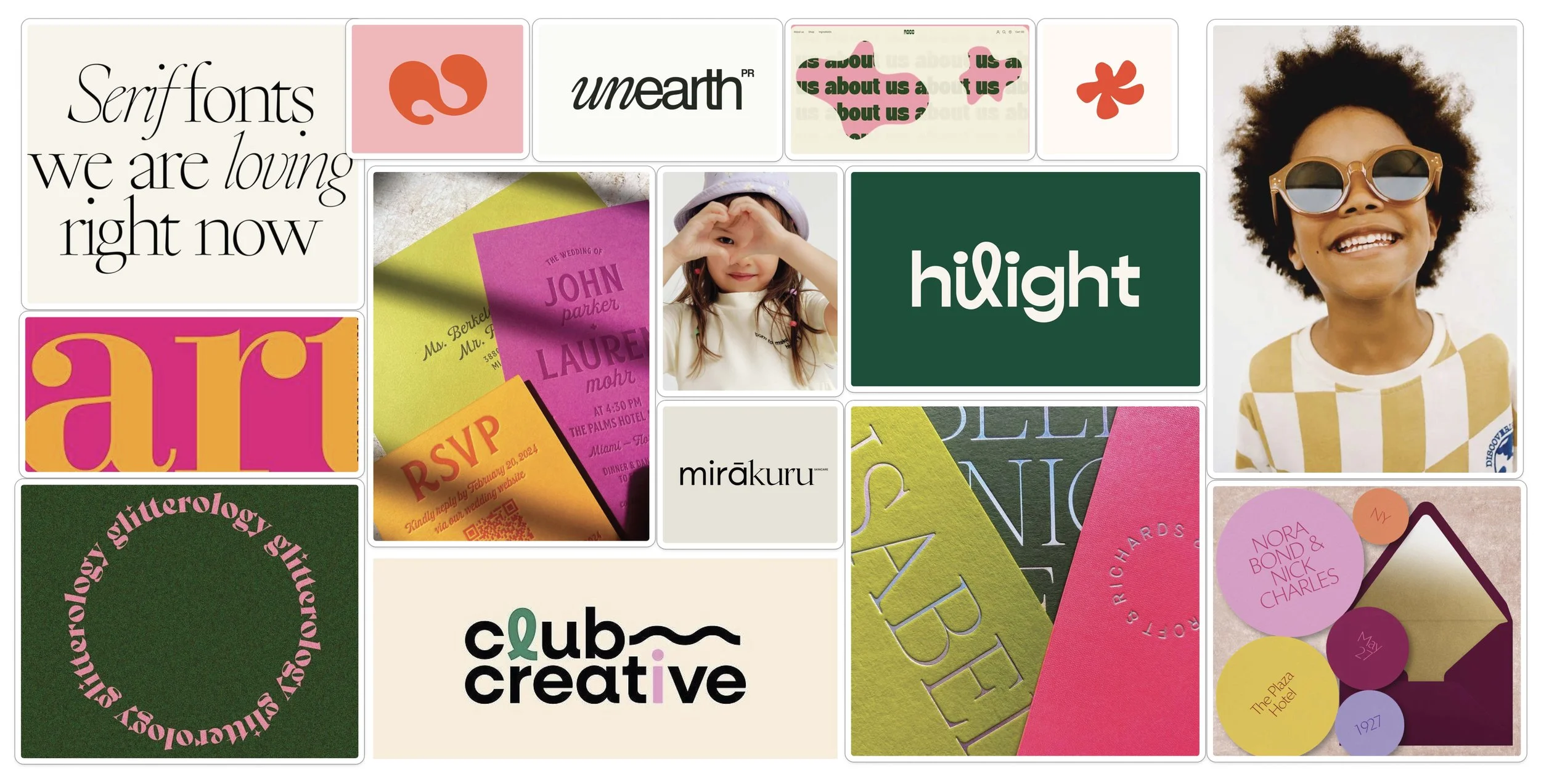 Collage of graphic designs, including text-based logos, colorful cards, a child making a heart shape with fingers, and a smiling child wearing sunglasses.