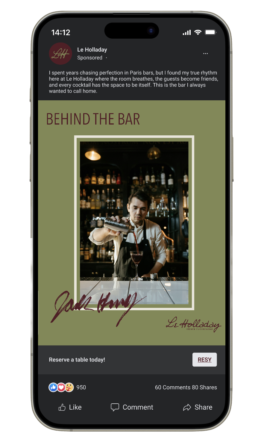 A bartender pouring red wine into a glass at Le Holladay bar with bottles displayed behind him