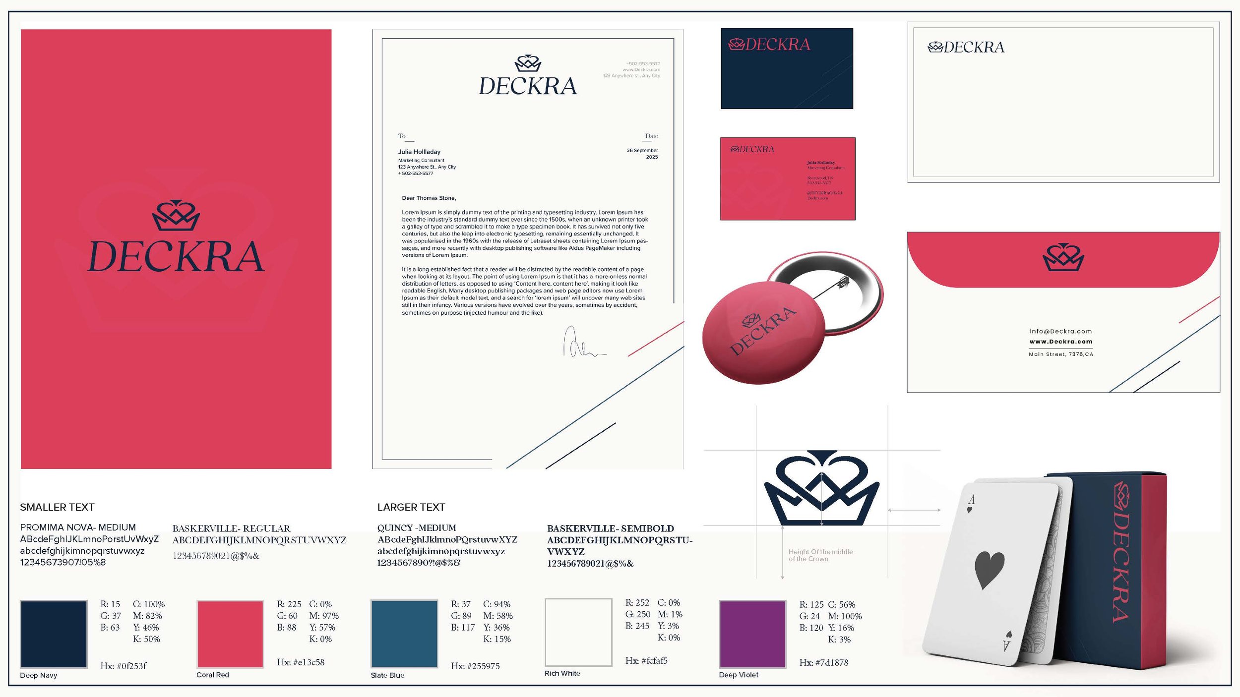 A collection of branding materials for Deckra, including a pink box with the company's logo, letterhead, business card, keychain, envelope, color palette, and product packaging with a deck of playing cards.