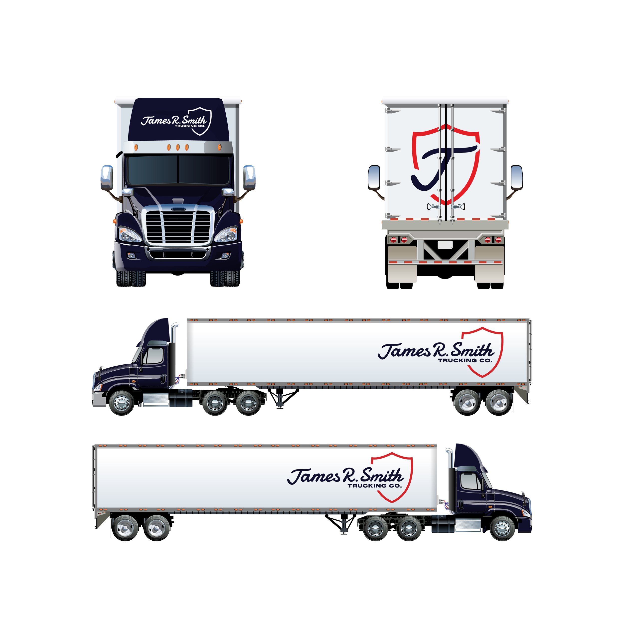 Illustration of two semi-trucks with trailers, one in front view and side view, all featuring the "James R. Smith" trucking company logo with a shield and a stylized "J" on the side and back of the trailers.