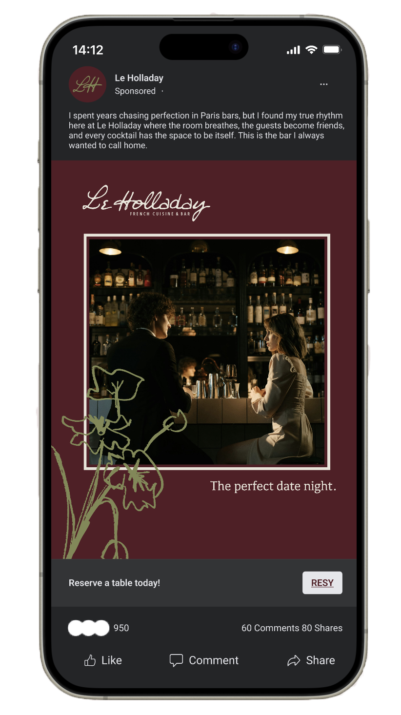 A Facebook advertisement for Le Holladay, a French cuisine and bar, showing a photo of two people at a bar inside a dimly lit restaurant, with bottles on shelves in the background. The ad suggests reserving a table for a date night.
