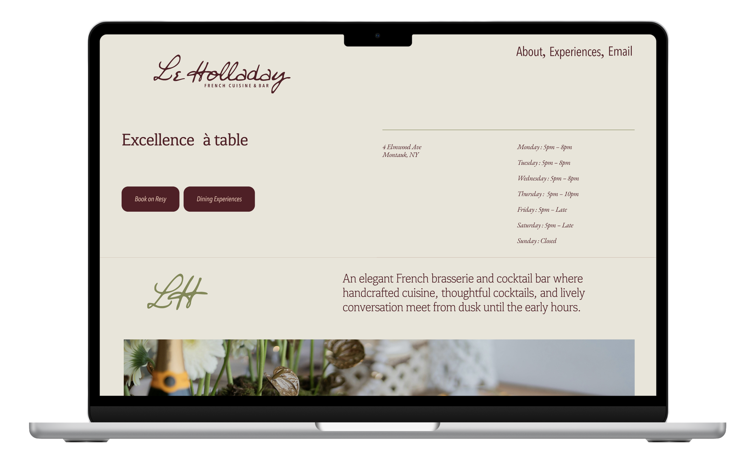 Screenshot of the website for Le Holladay French Cuisine & Bar, featuring the menu, location, hours, and description of the restaurant, including booking and dining experience buttons.