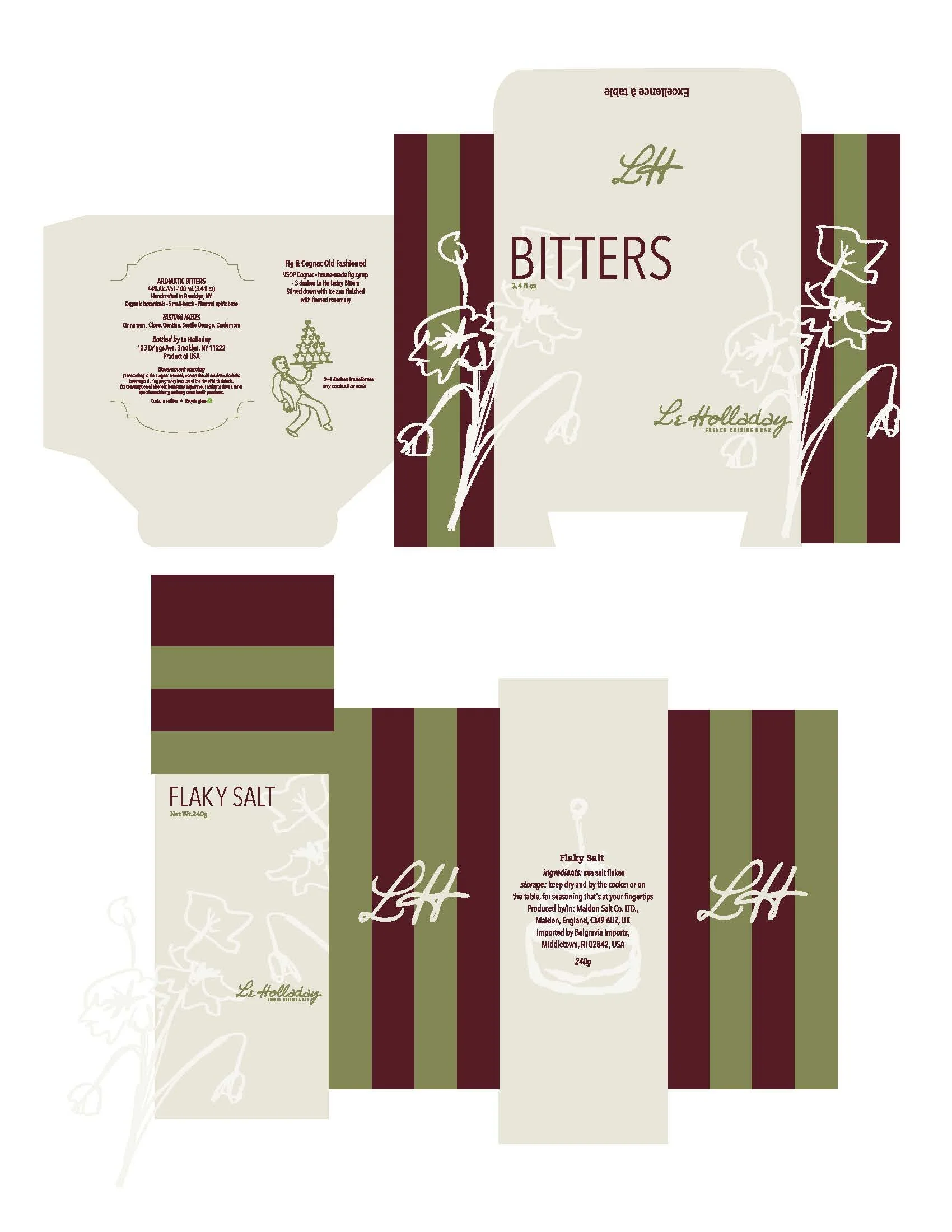 Packaging design for Le Holliday bitters and flaky salt with cream and burgundy stripes, featuring text and illustrations of herbs and a person carrying a tray.