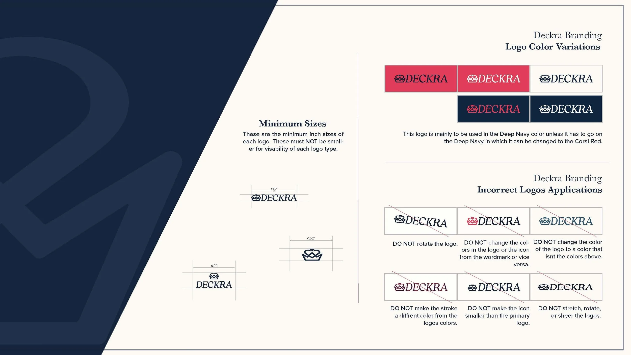 Guidelines for Deckra logo branding and color variations, including minimum sizes, correct logo applications in deep navy and coral red, and incorrect logo applications with crossed-out examples and instructions to avoid rotating, changing colors, re