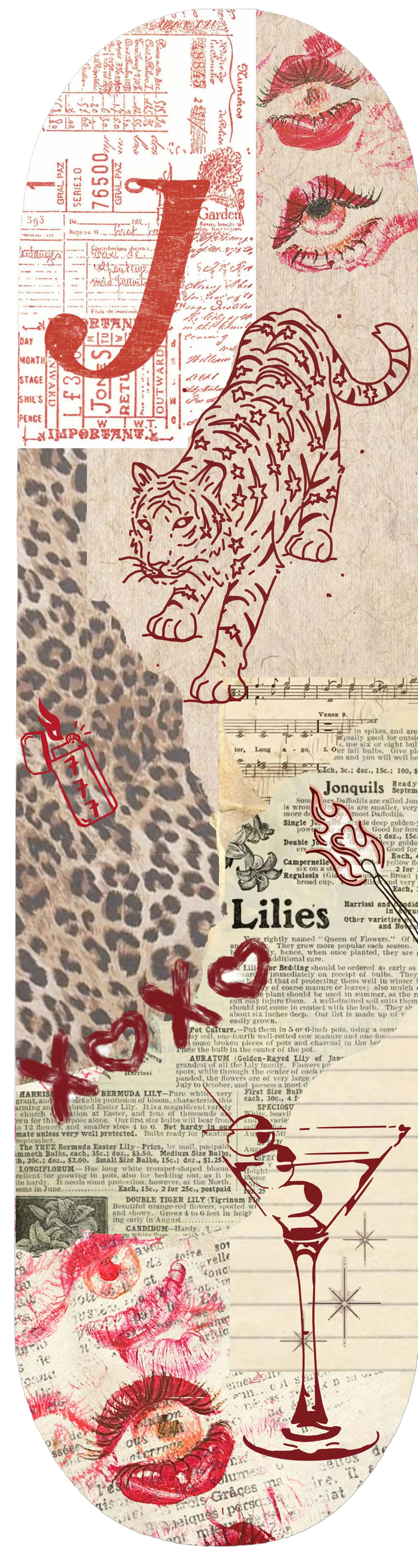 Collage with red ink sketches of eyes, lips, and a tiger on a vintage paper background. Includes a large red number one, leopard print pattern, vintage ticket, sheet music, and handwritten annotations, with arrows and a heart. Artistic and eclectic s