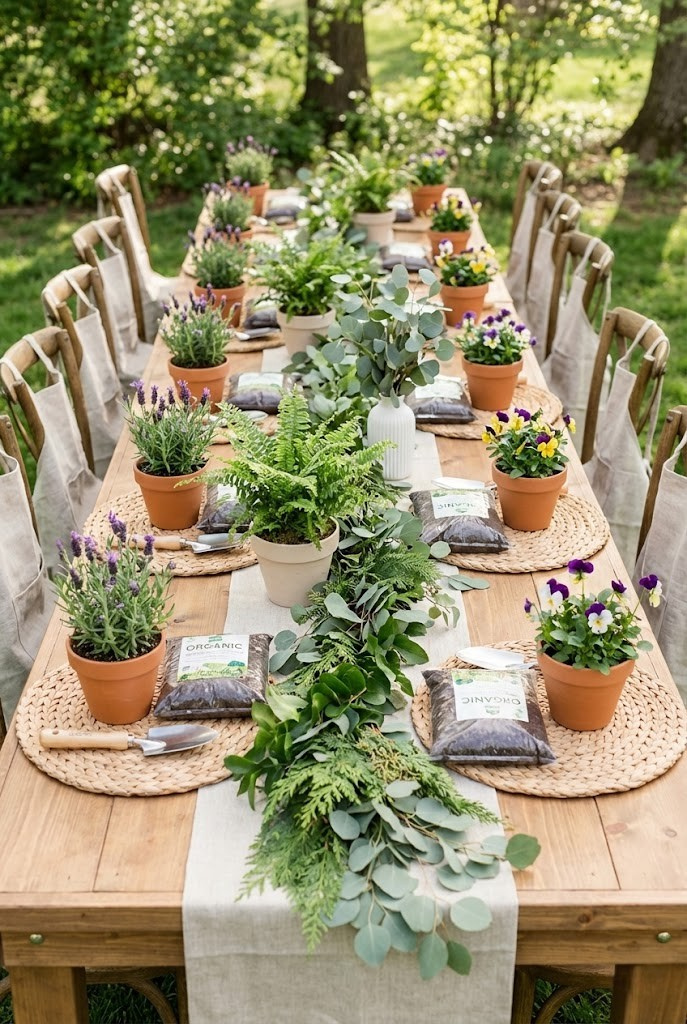 Long outdoor dining table decorated with potted flowers, greenery, and a table runner, set up for a garden gathering.