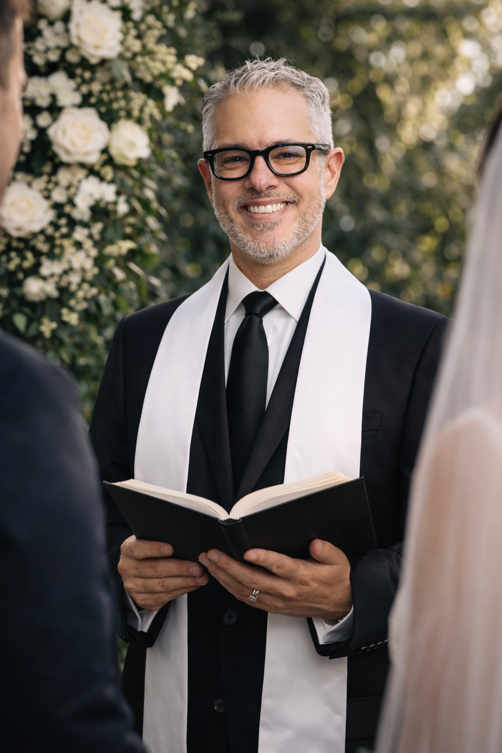 A middle-aged man with gray hair, glasses, and a beard holding a book, officiating a wedding ceremony outdoors with a couple standing in front of him, surrounded by trees and white flowers.