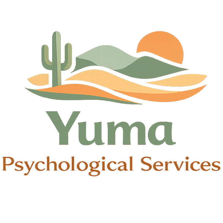Logo for Yuma Psychological Services featuring a desert scene with a cactus, hills, and a setting sun, with the text "Yuma Psychological Services."