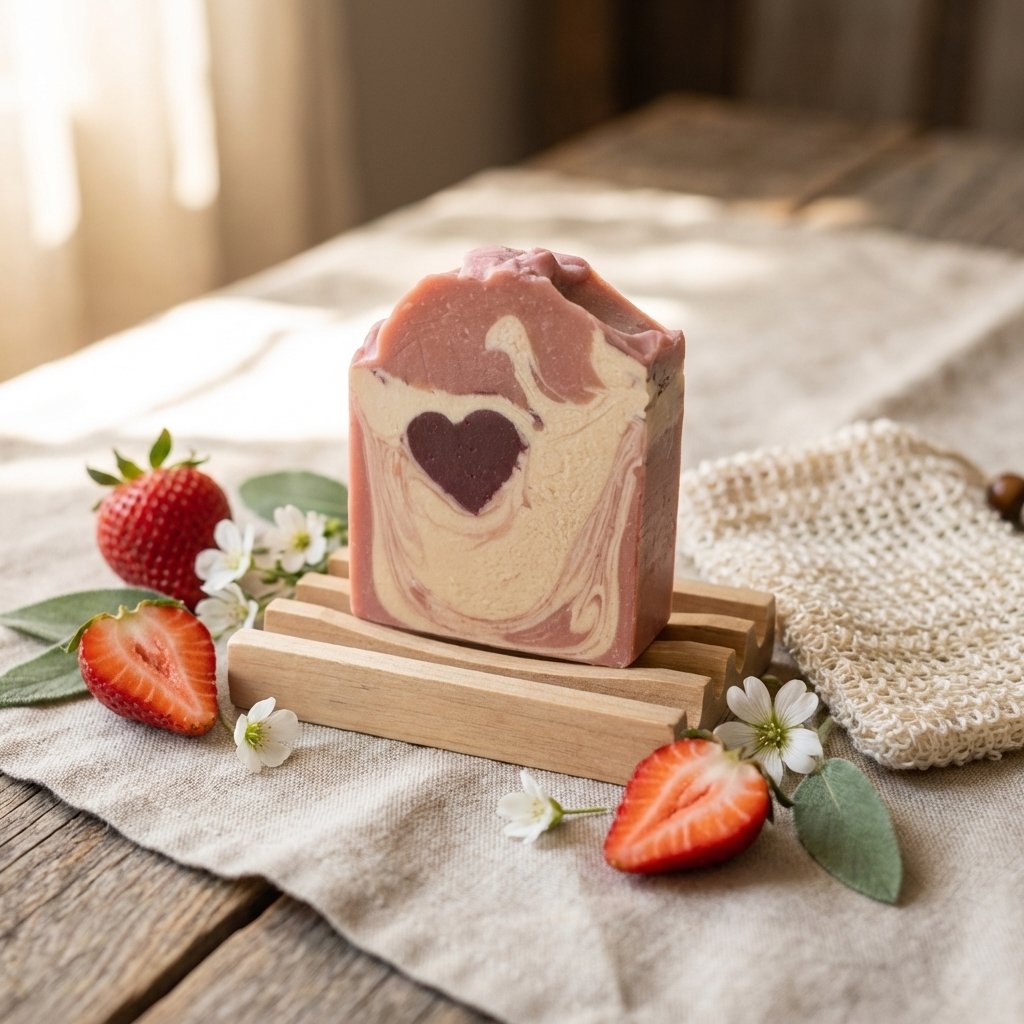 Strawberries & Cream Gift Set by Jersey Girl Soap — strawberries and cream soap, wooden soap dish, and soap saver