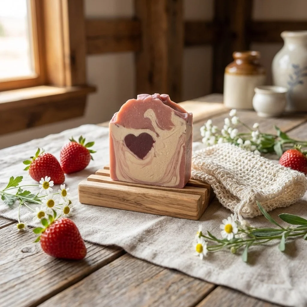 Strawberries & Cream Gift Set by Jersey Girl Soap — strawberries and cream soap, wooden soap dish, and soap saver