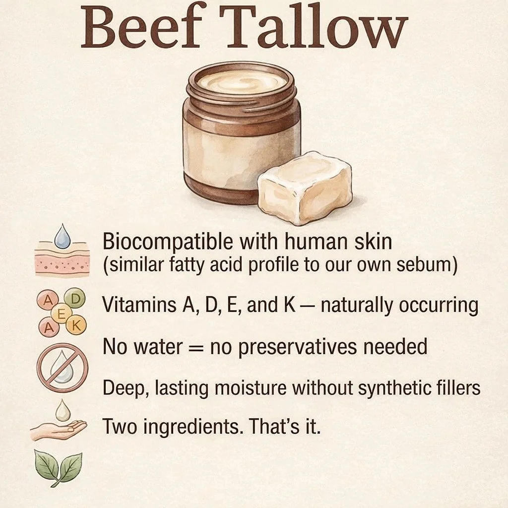 What if the best moisturizer for your skin has been around for generations?

Beef tallow is incredibly compatible with our skin because its fatty acid profile closely mirrors our own natural sebum. That means it absorbs beautifully and delivers deep,
