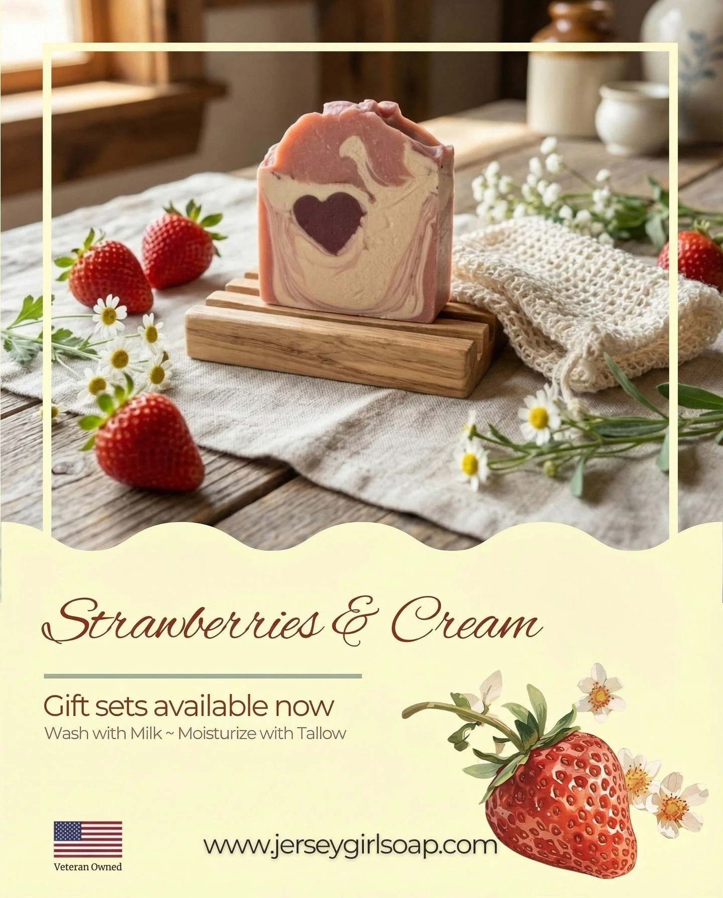 Sweet, creamy strawberries&hellip; but make it soap 🍓

This bar smells like summer on the farm&mdash;fresh strawberry top notes with a little pop of lemon, softened by warm vanilla and sugar. Made with our raw Jersey cow milk, rich beef tallow and l