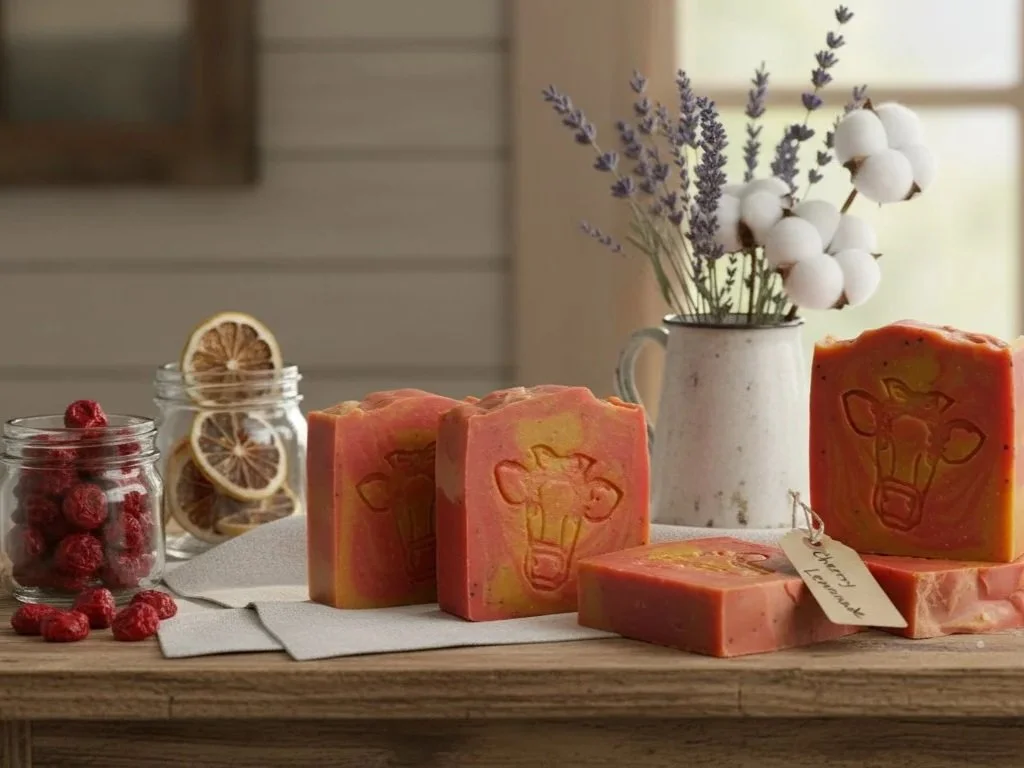 Cherry Lemonade Twist soap bar staged with dried cherries and lemons