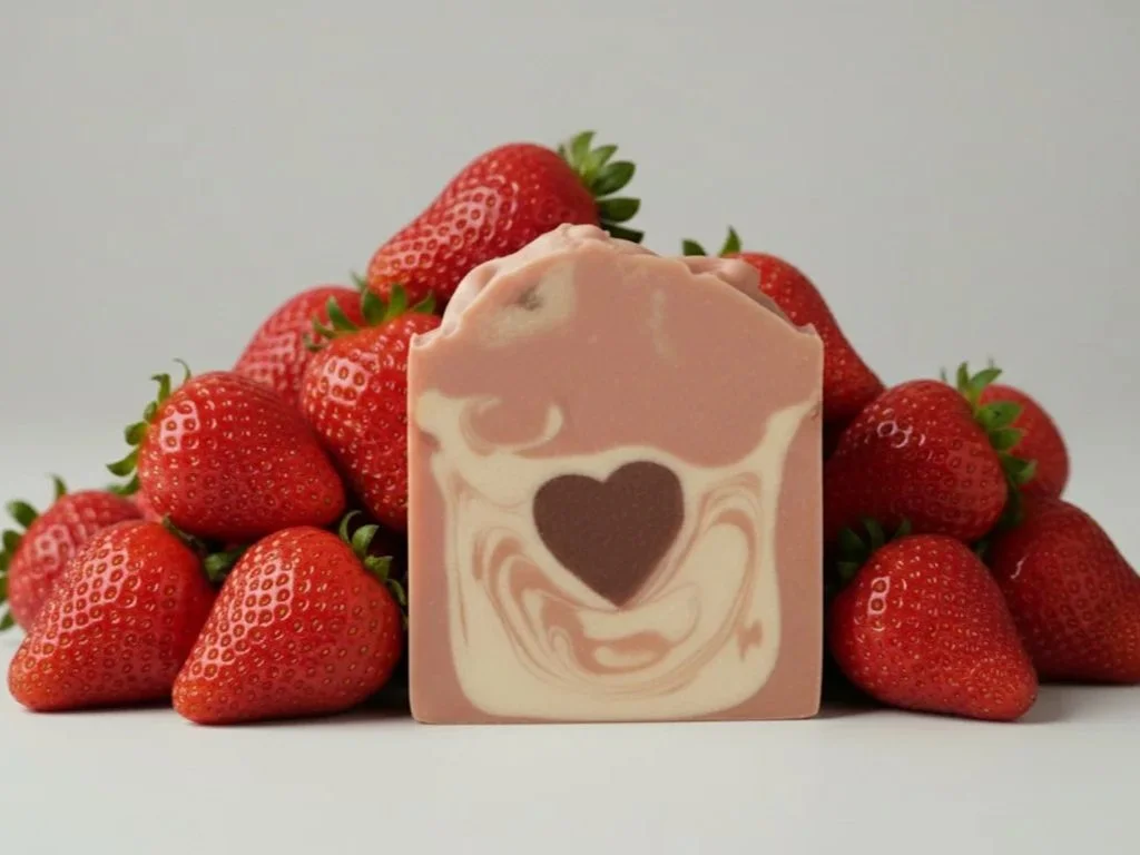 Strawberries and Cream handmade soap bar — raw Jersey milk, tallow, and honey - shown with strawberry pile