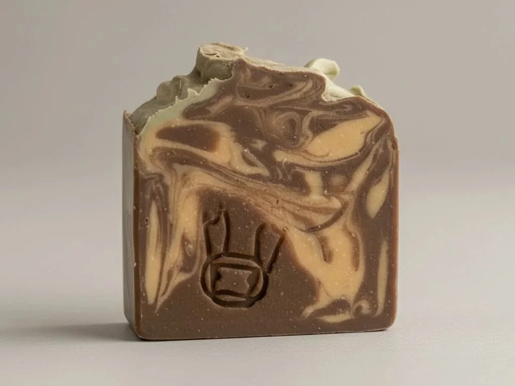 offee and Cream handmade soap bar — raw Jersey milk, tallow, with ground coffee - shown on white/grey background