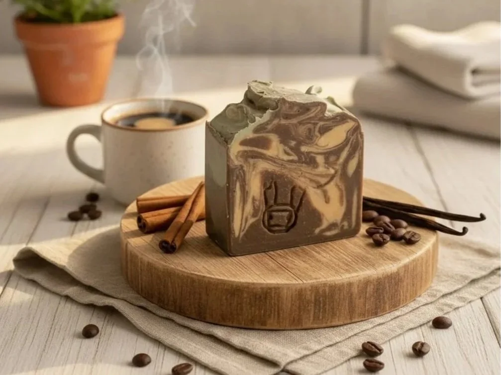 offee and Cream handmade soap bar — raw Jersey milk, tallow, with ground coffee - shown with coffee and morning scene