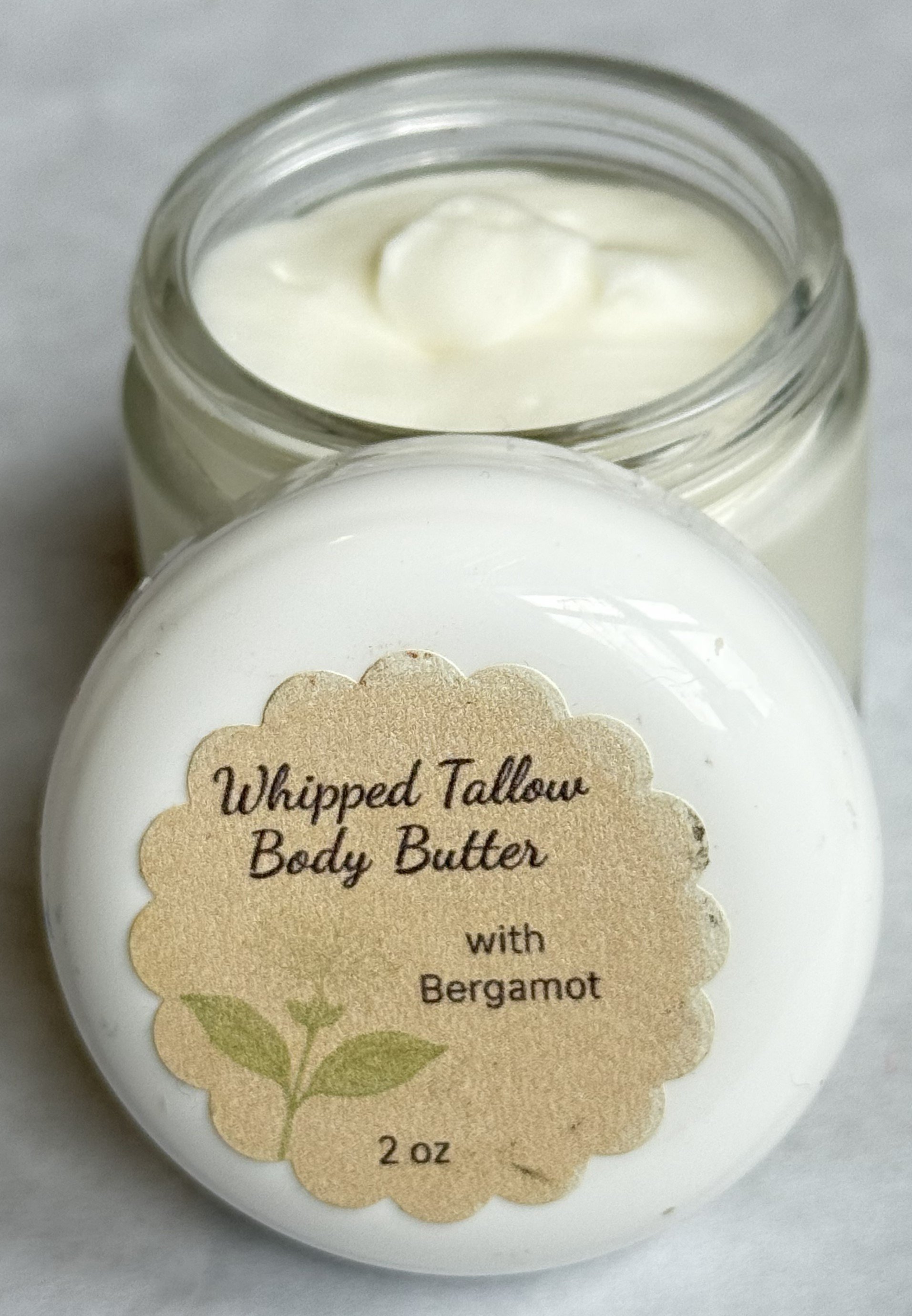 Bergamot whipped tallow body butter by Jersey Girl Soap, handmade in Idaho with grass-fed beef tallow, sweet almond oil, and bergamot essential oil