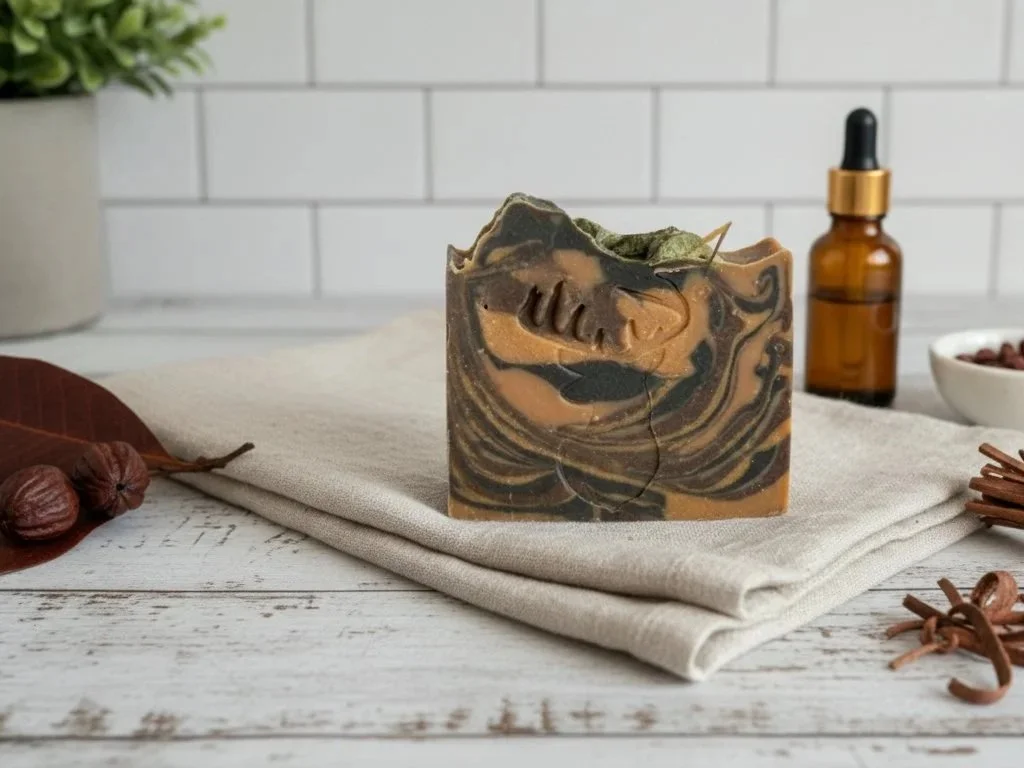 Mahogany Coconut handmade soap bar in spa setting— raw Jersey milk, tallow, and honey