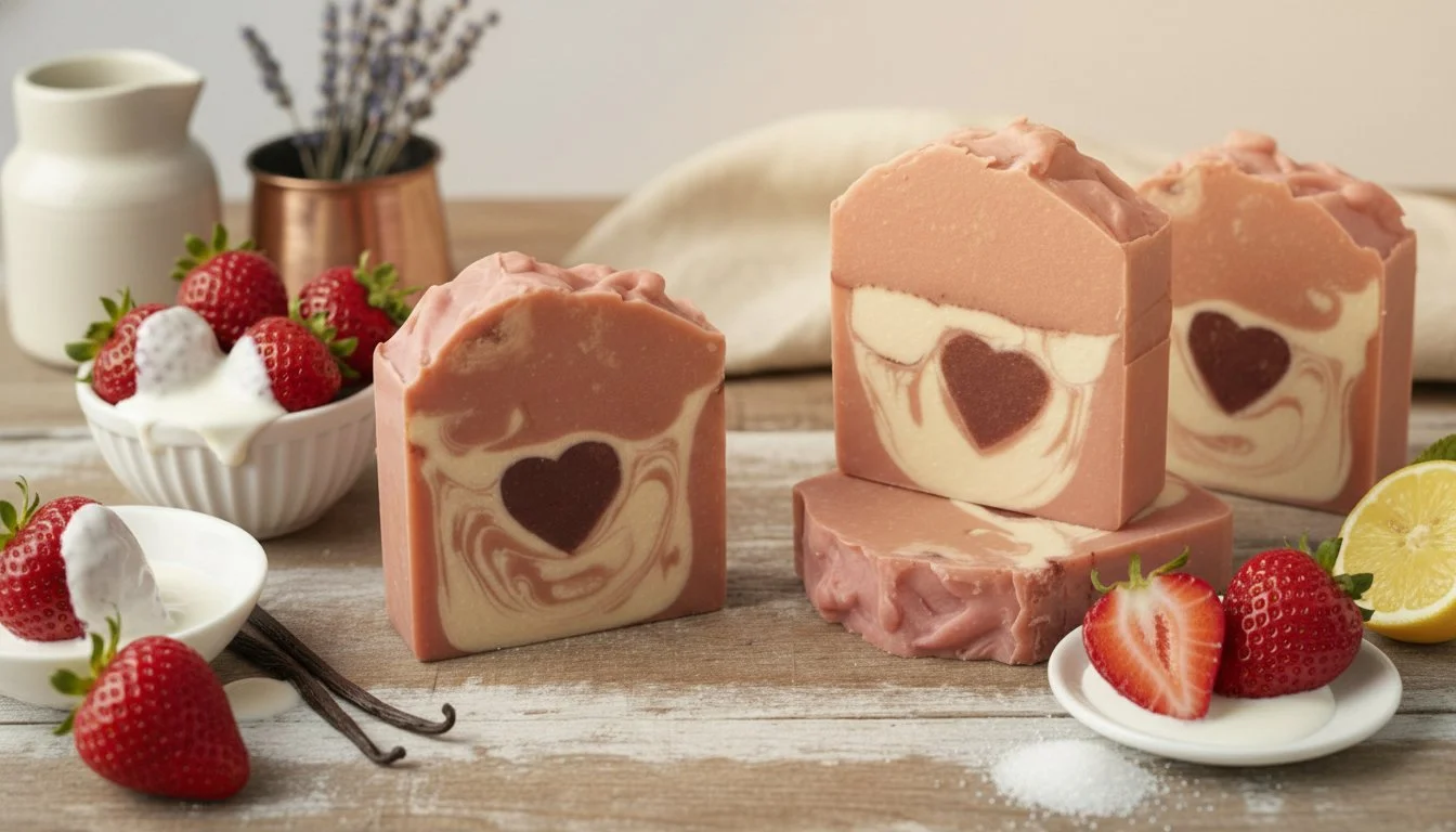 Strawberries and Cream handmade soap bar — raw Jersey milk, tallow, and honey - shown with lemons and strawberries