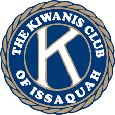 Logo of The Kiwanis Club of Issaquah, featuring a large letter 'K' inside a blue circle with white text, surrounded by a rope border.