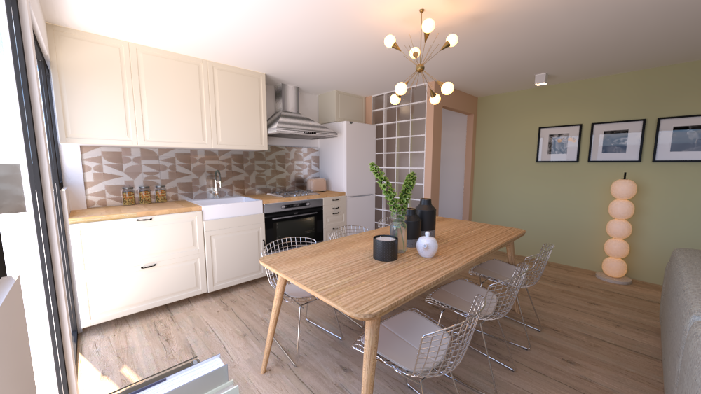 Cuisine moderne avec table en bois, chaises en métal, éclairage suspendu, décoration sobre et mur vert avec cadres et lampe en forme de boules