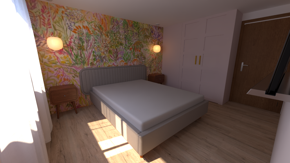 Chambre moderne avec un mur de couleur vive aux motifs floraux, lit double avec tête de lit grise, deux tables de nuit en bois, deux lampes murales rondes, placard blanc et porte en bois.