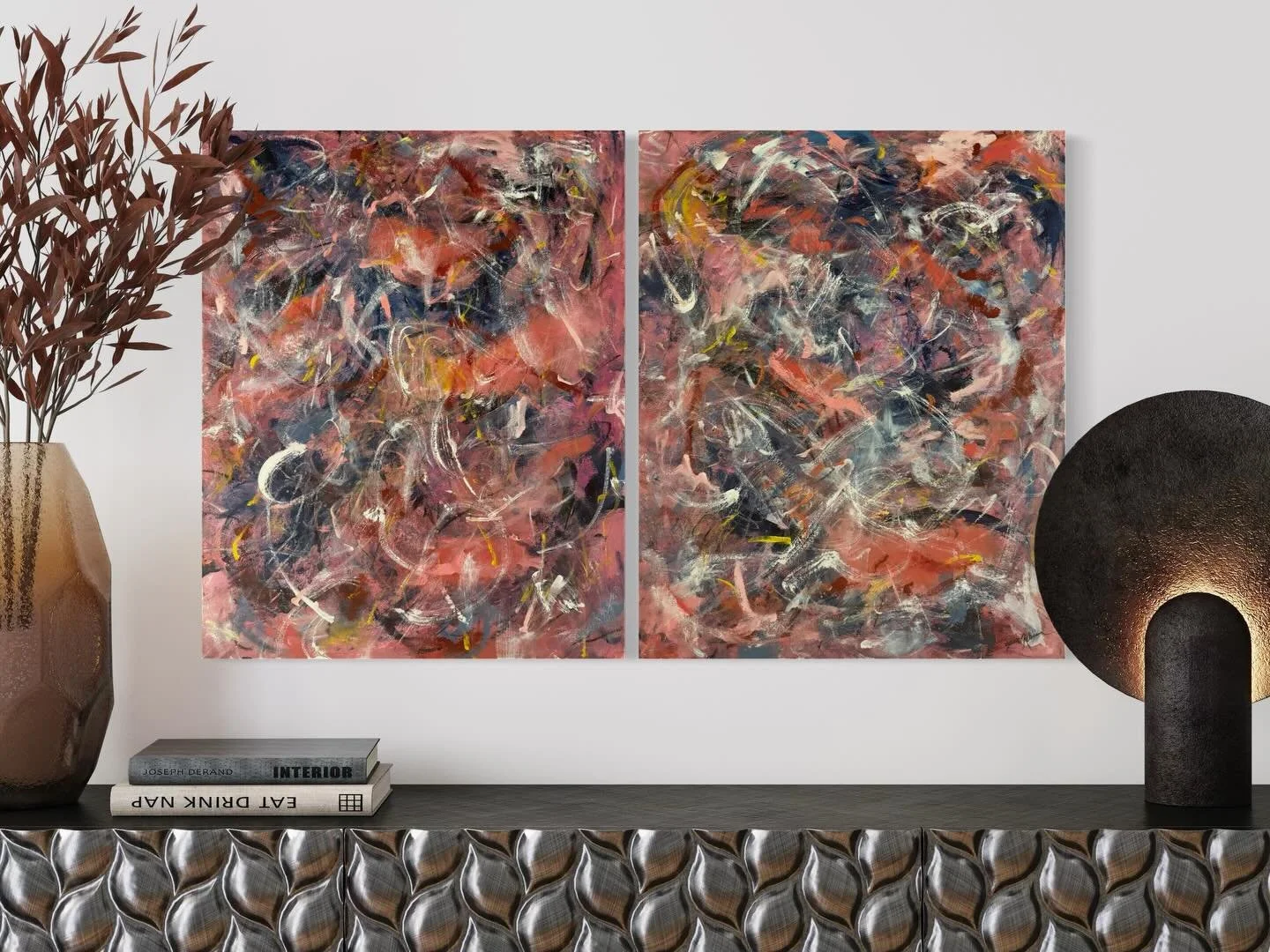 Movement at Dusk (Diptych)
Acrylic, pastel, and charcoal on canvas &mdash; two 24 &times; 30 in panels, unframed

This painting has a special place in my heart. It took many twists and turns, gave me a few sleepless nights, and ultimately became one 