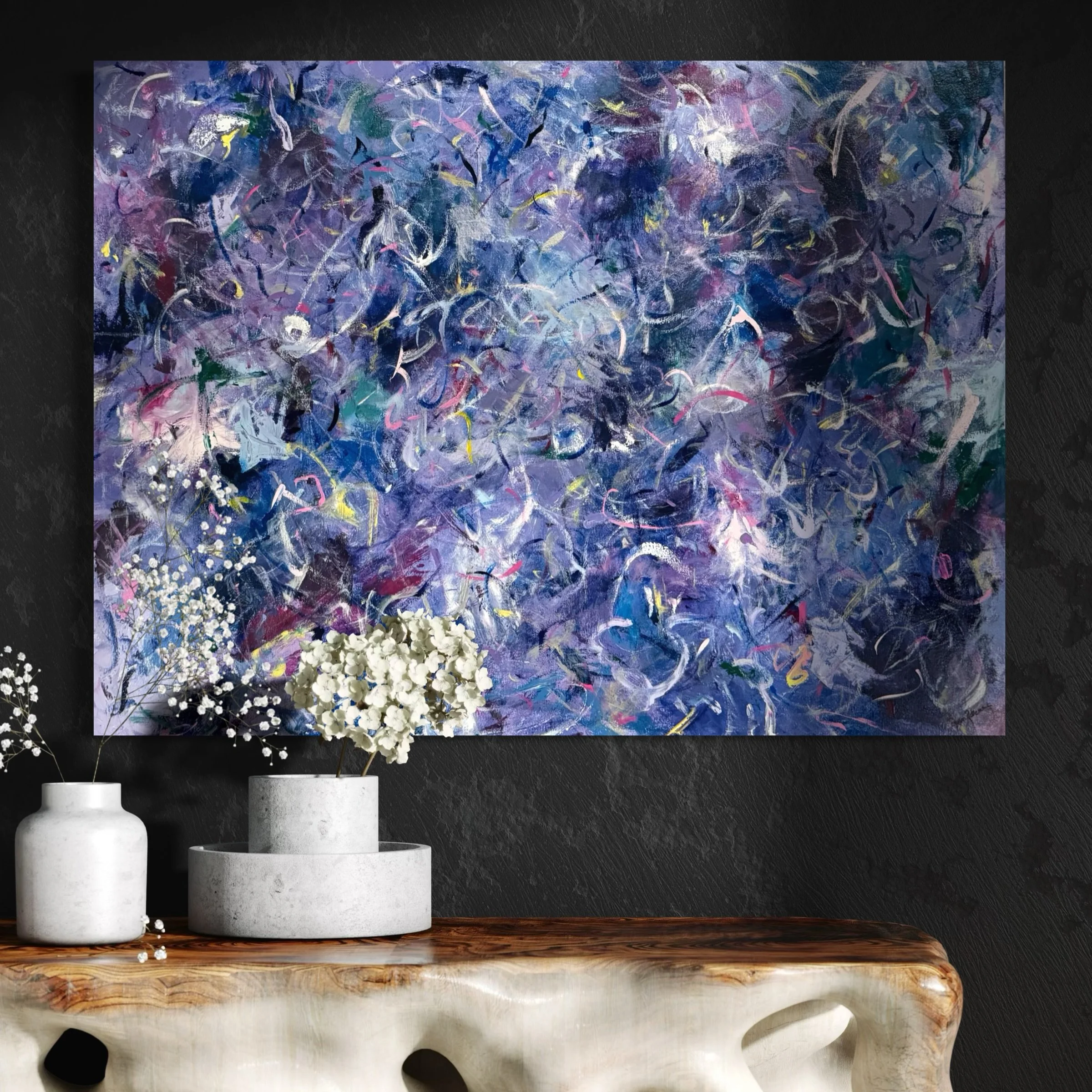 Tropical Winter II, 30 &times; 40 in.
Acrylic on canvas, unframed
DM to purchase 

Born from a cool Miami winter, Tropical Winter II moves through lavender and blue with the softness of open sky. Fleeting strokes of pink and yellow skim the surface l