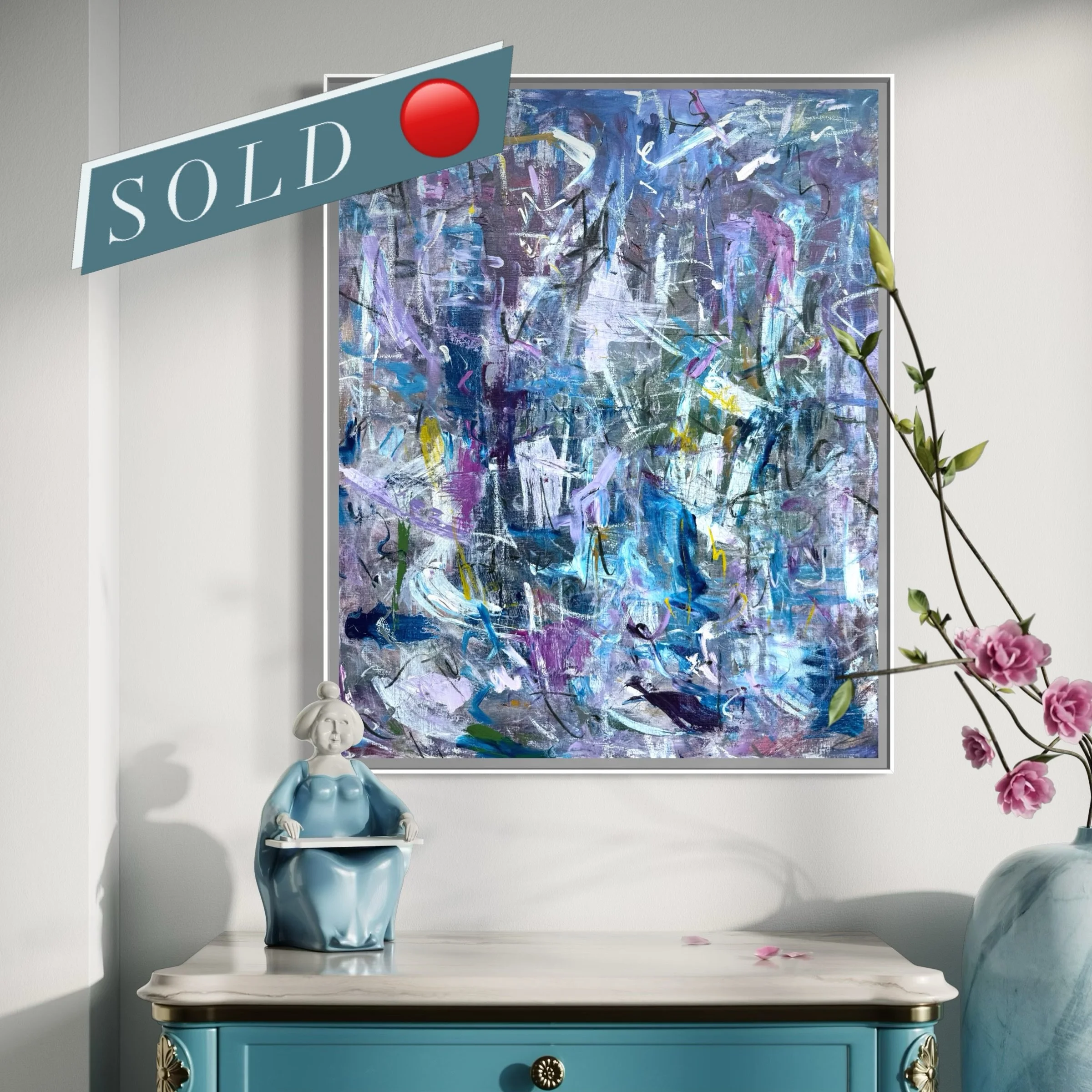 In a Mood II, Sold 🔴
Acrylic and charcoal on canvas, 30 &times; 24 in., framed

In a Mood II unfolds in layers of blue and violet, with traces of pink and light surfacing throughout. The marks move between loose and restrained, building a rhythm tha