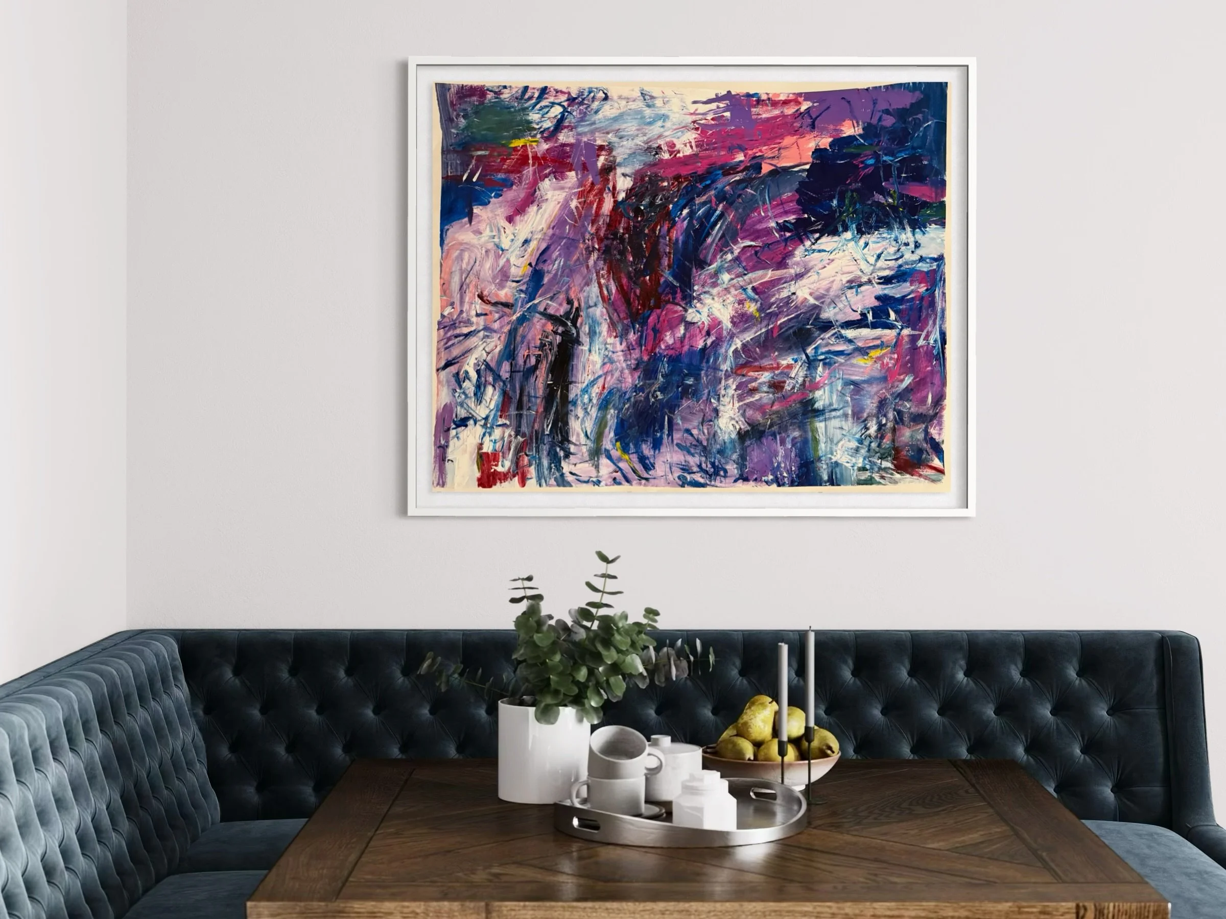 Unscripted I, 38 &times; 48 in. - DM to inquire

Unscripted I leans fully into instinct and gesture. Layers of blues and pinks move freely across the surface, capturing a moment of release and unrestrained motion. In a room, it brings excitement and 
