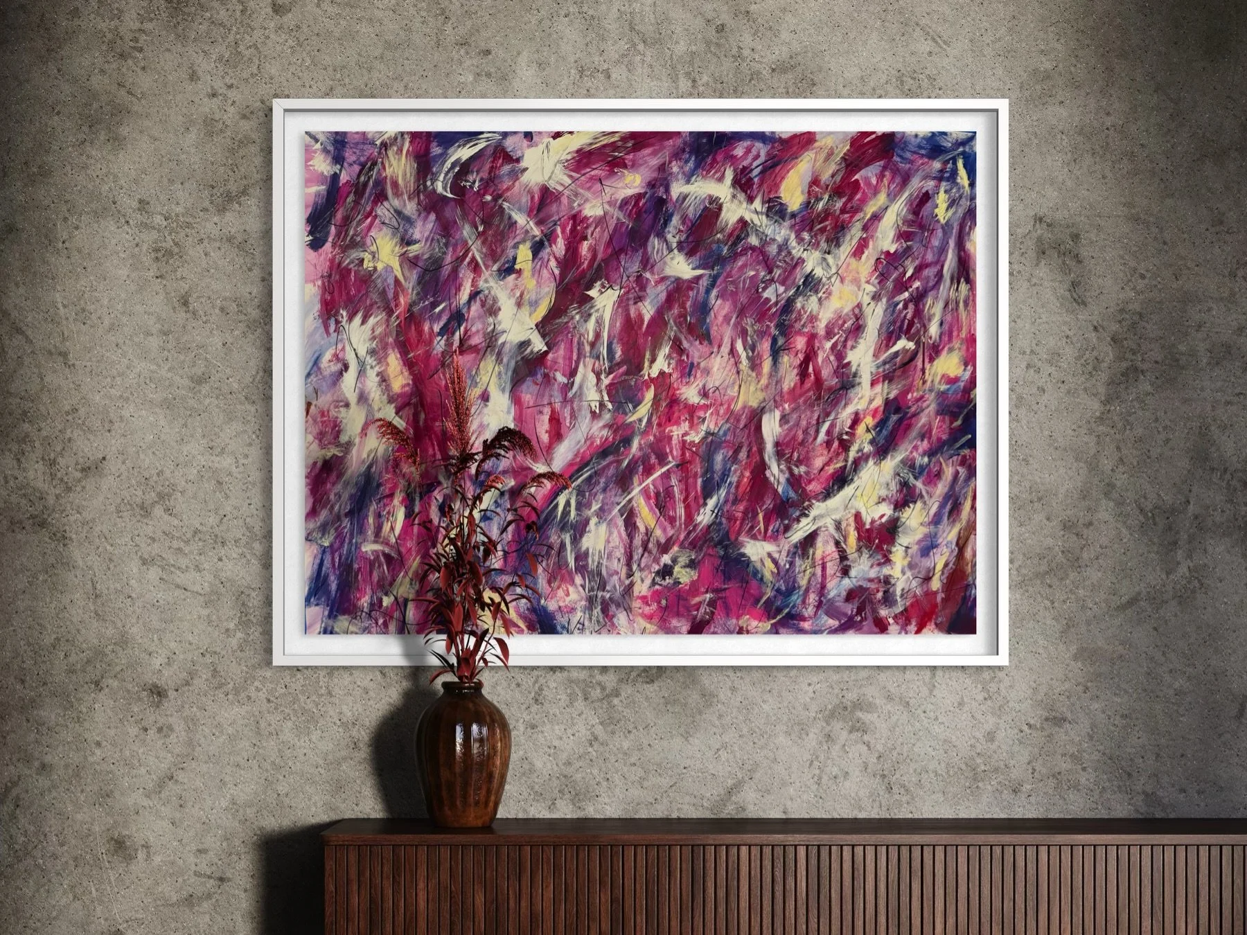 Tropical Fall III 38 x 48 in. Acrylic on paper 
Available for purchase

Tropical Fall III reimagines the colors of autumn through the vibrant lens of the tropics, blending rich reds and purples with soft whites, yellows, and pinks. 

It captures the 
