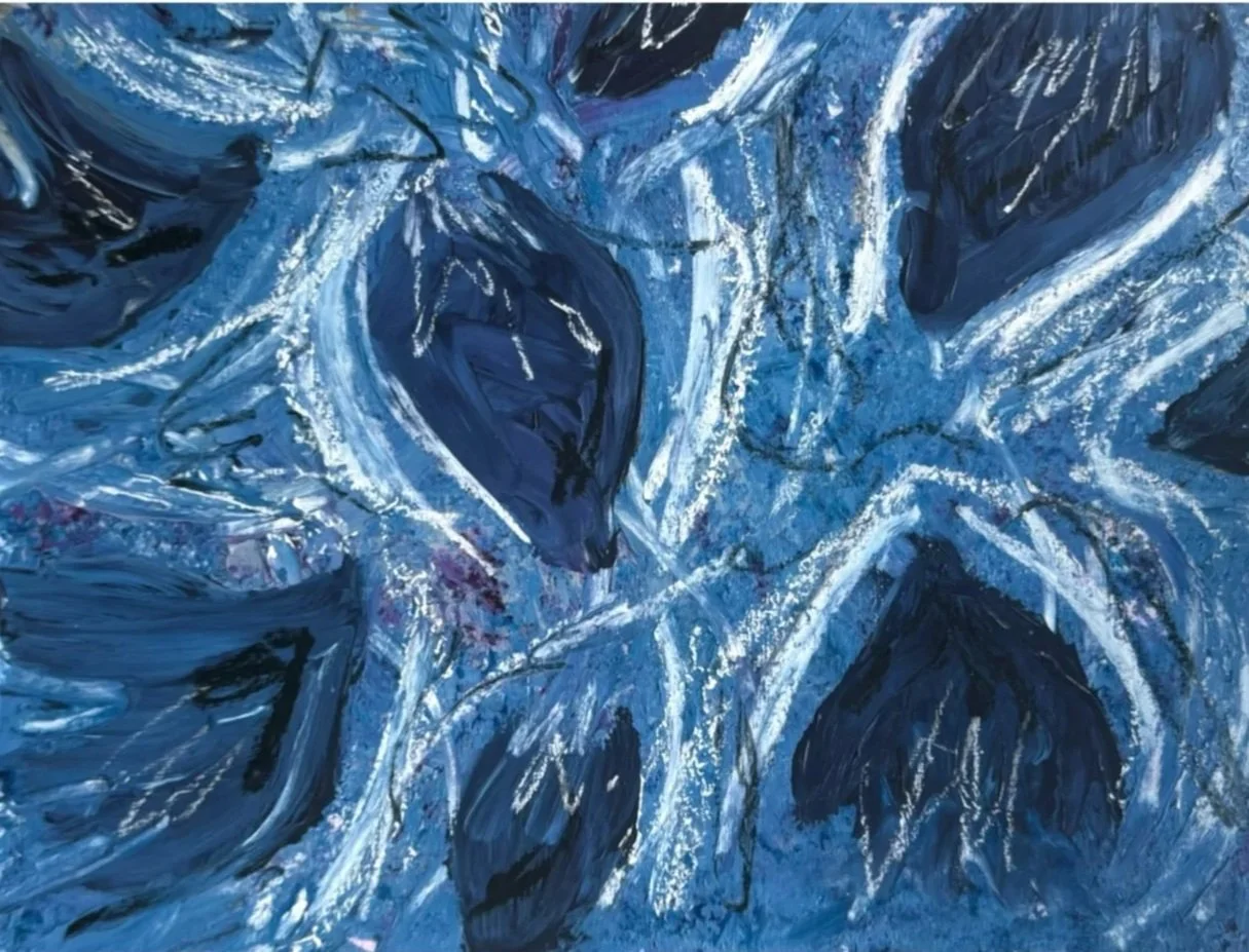 "Blue Petals"
Acrylic, charcoal, & oil pastel on paper, 9 × 12 in.