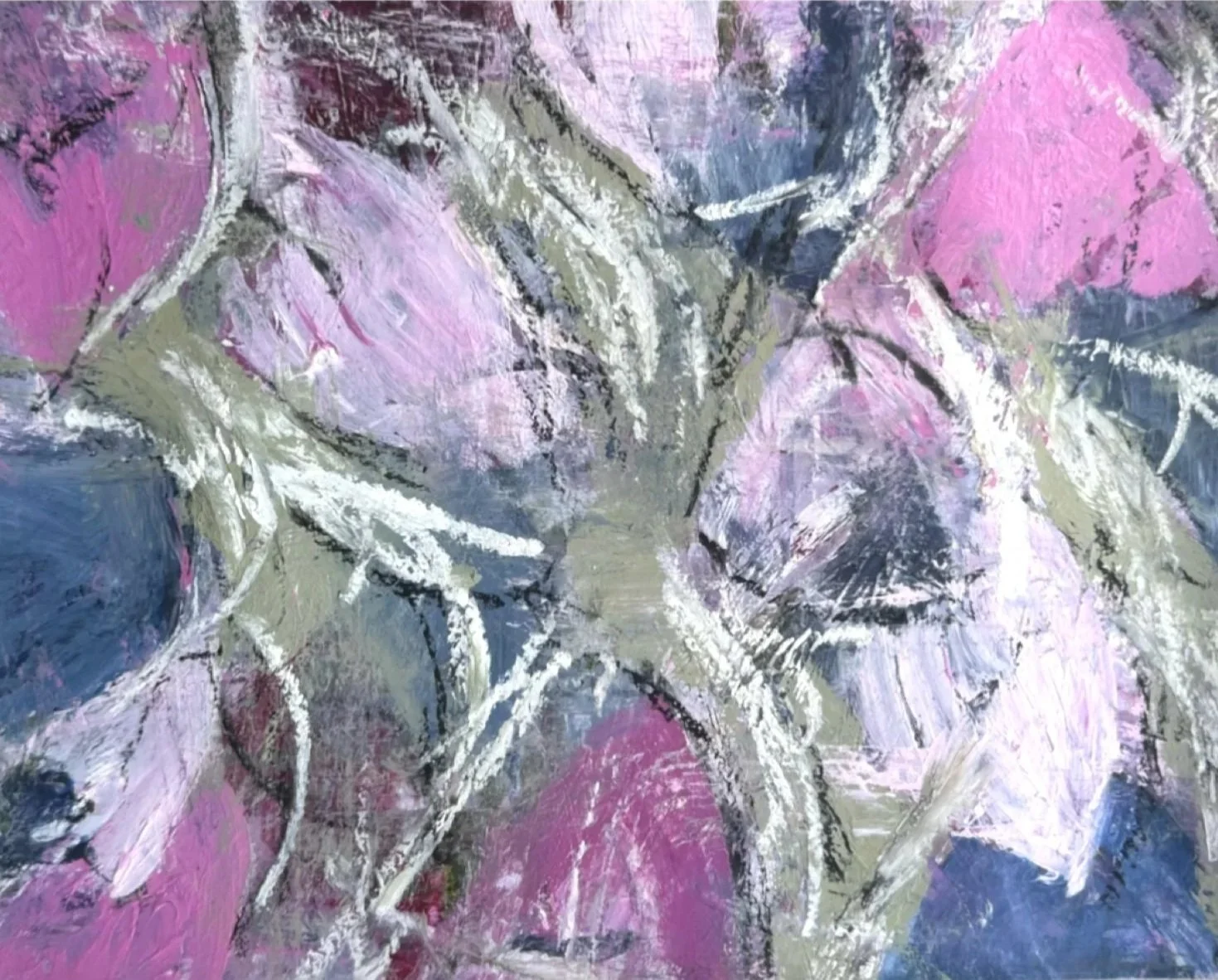 "Soft Petals"
Acrylic, charcoal, & oil pastel on paper, 7× 10 in.