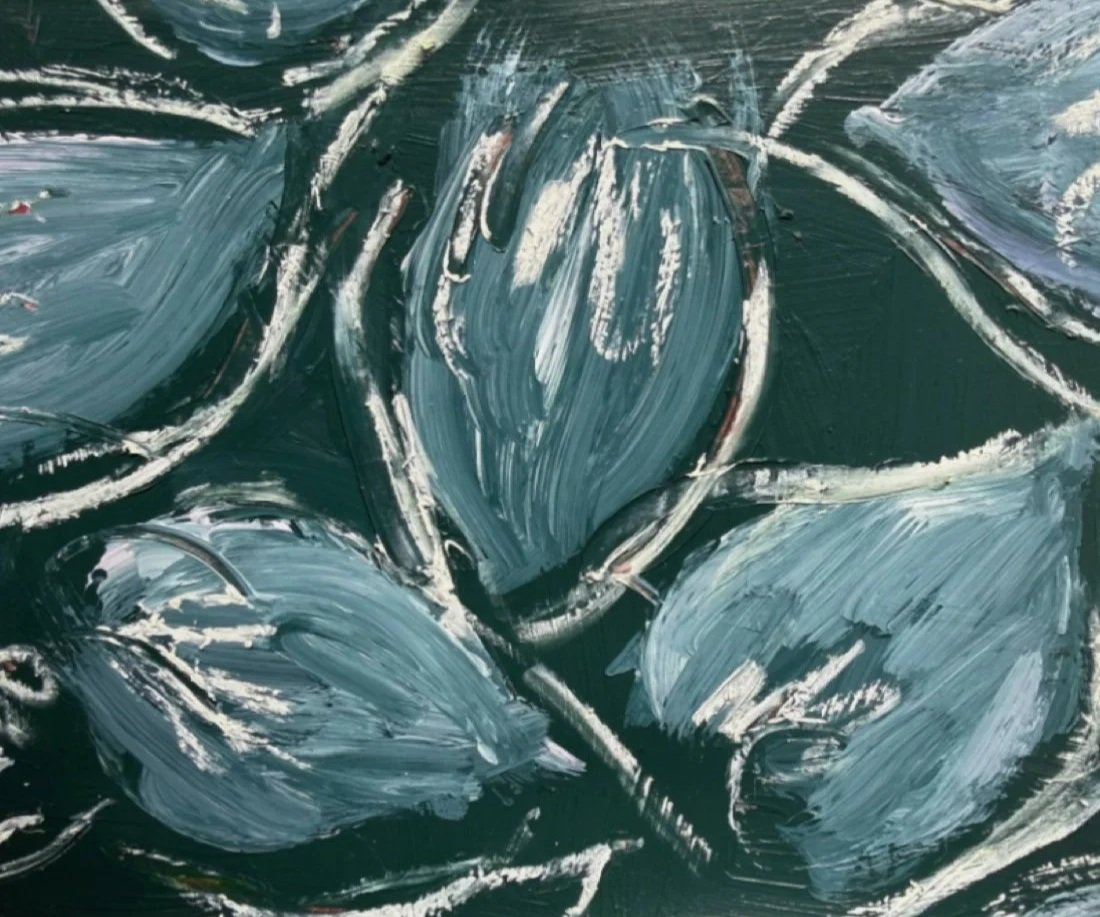 "Green Petals"
Acrylic & oil pastel on paper, 7× 10 in.