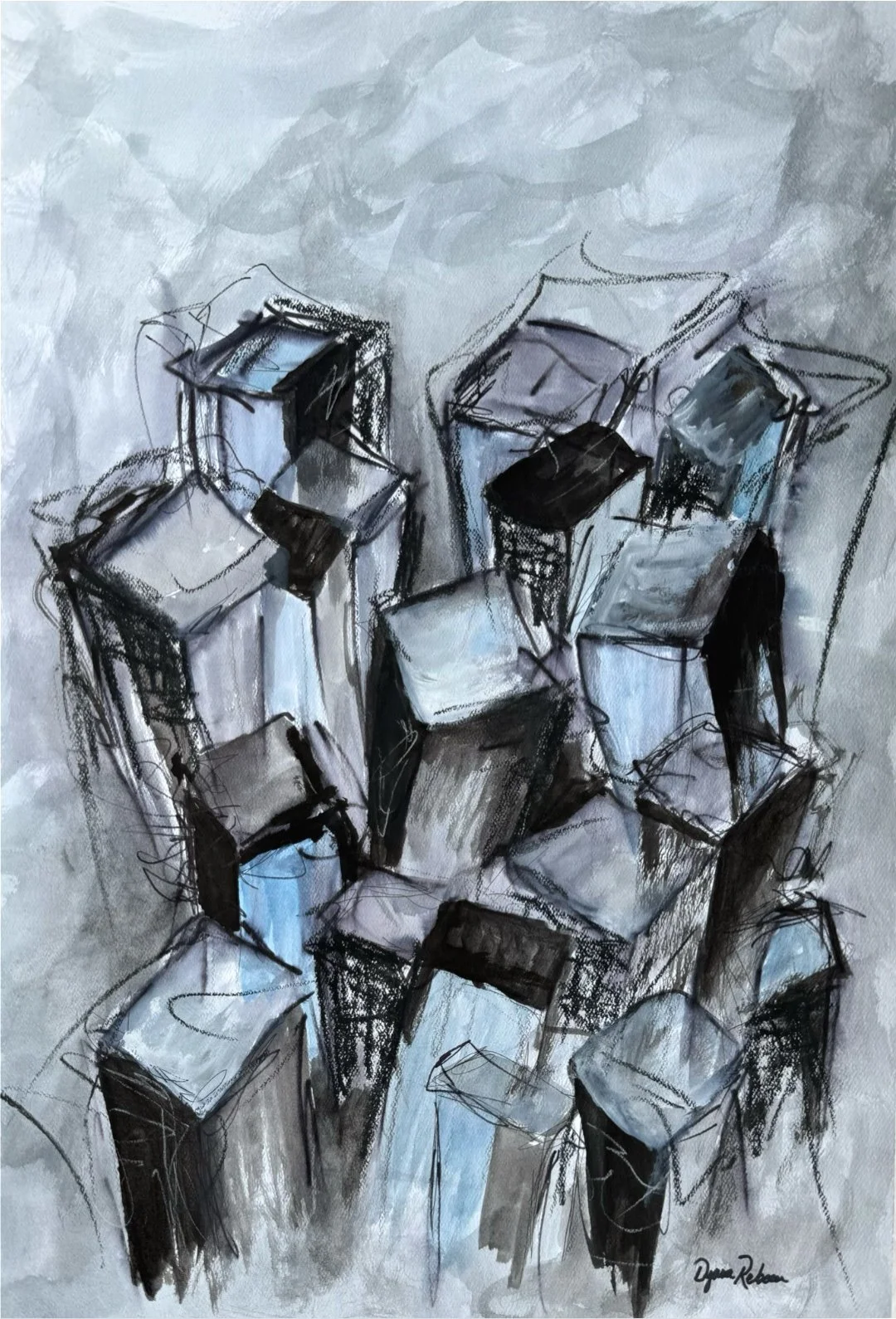 "Shuttered"
Watercolor, ink, and charcoal on paper, 15 × 22 in.