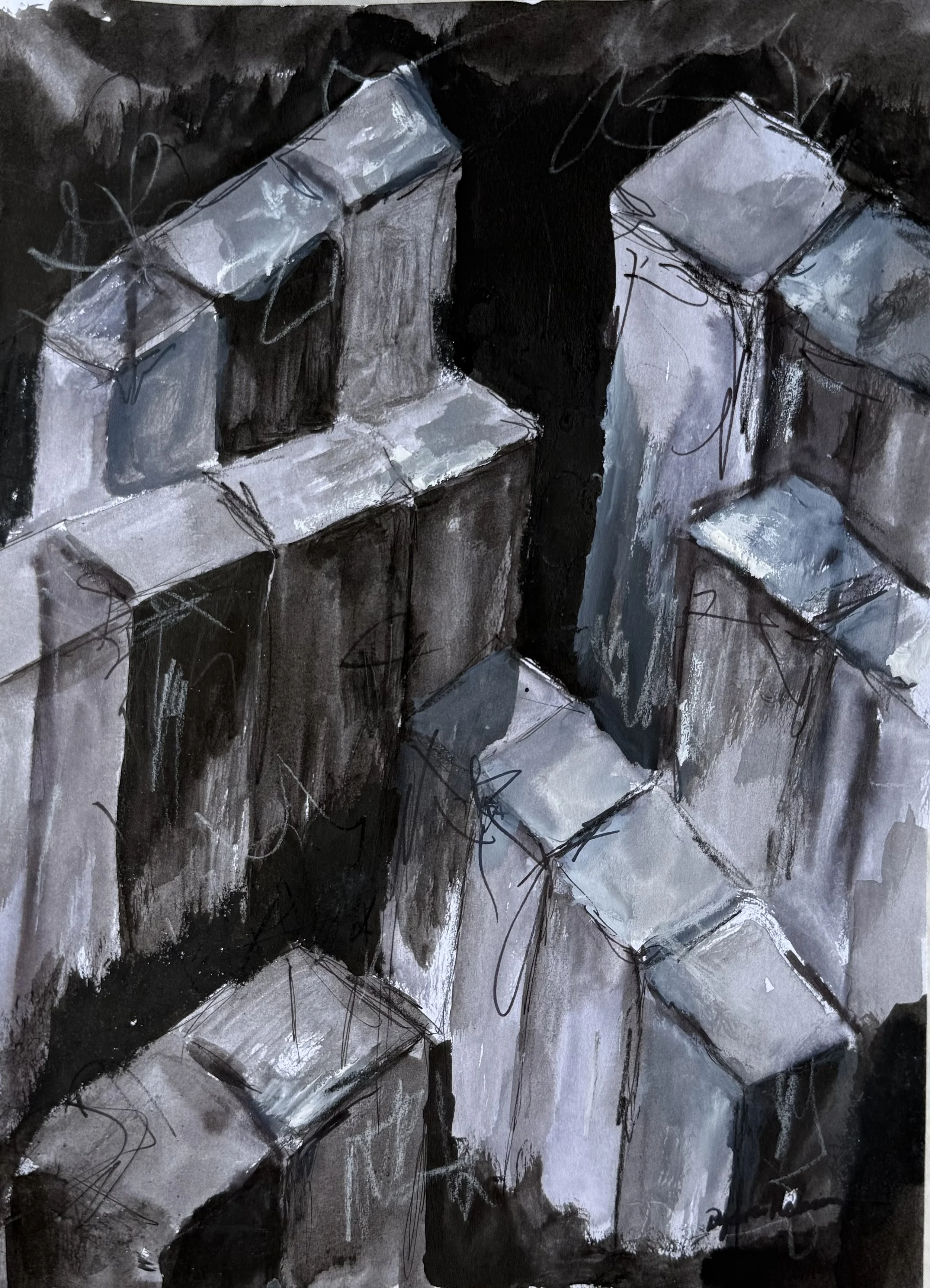 "Stuck in Time & Place"
watercolor, ink, and charcoal on paper, 15 × 22 in.