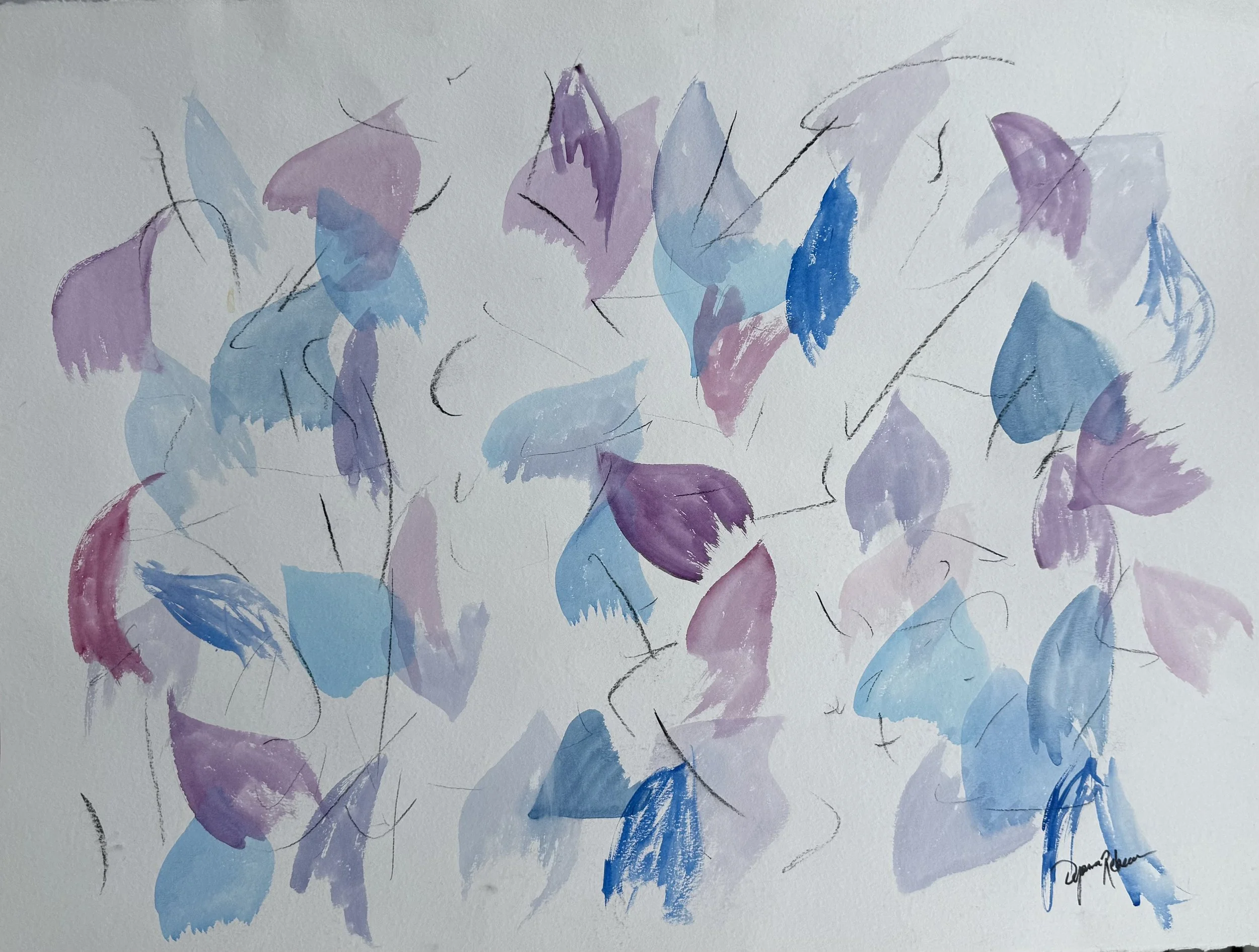 "Purple Petals" 
Watercolor and charcoal on paper, 30 × 22 in.