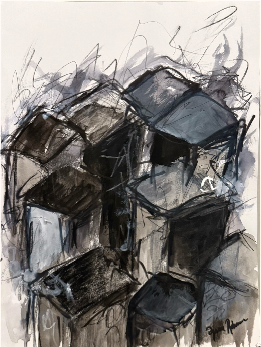 "Fade into Darkness"
watercolor, ink, and charcoal on paper, 9 × 12 in.