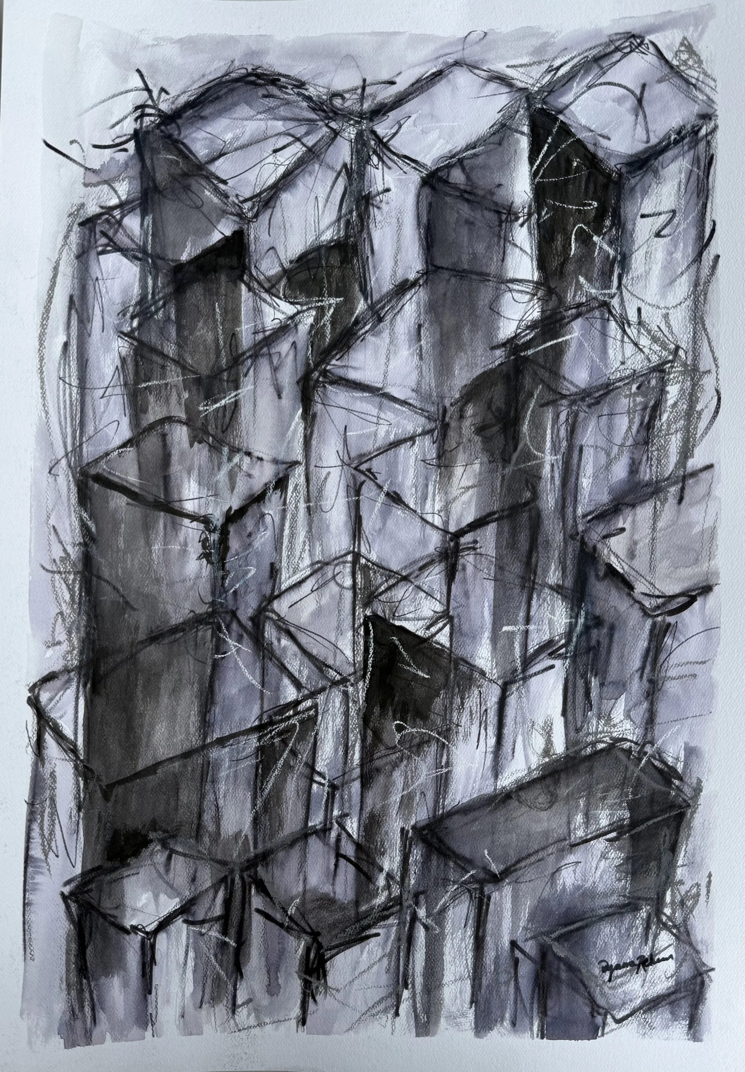 "Finding Calm Amongst Chaos" 
Watercolor, Ink, and Charcoal, 15 × 22 in.