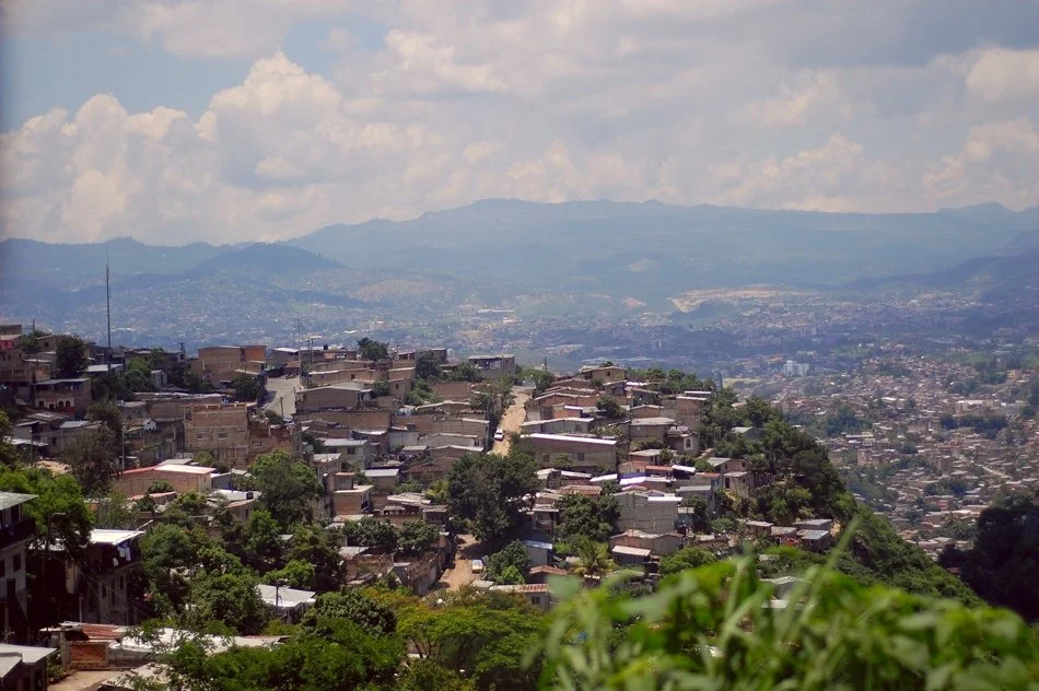A hillside view of a densely populated city with numerous houses and buildings, some surrounded by trees, and mountains in the background under a partly cloudy sky.