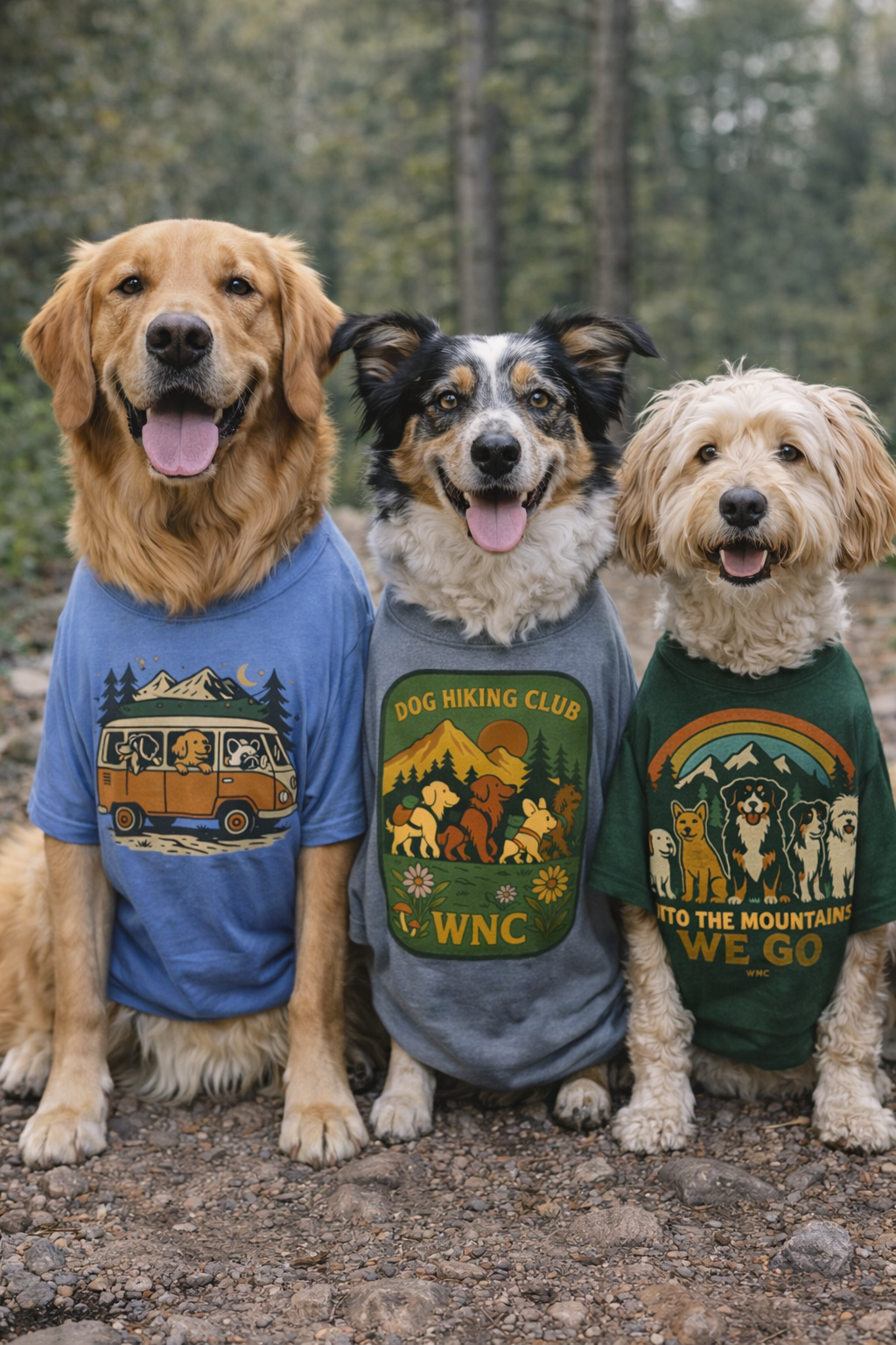 Three dogs wearing colorful T-shirts with outdoor and mountain-themed designs, posing outdoors on a dirt trail with trees in the background.