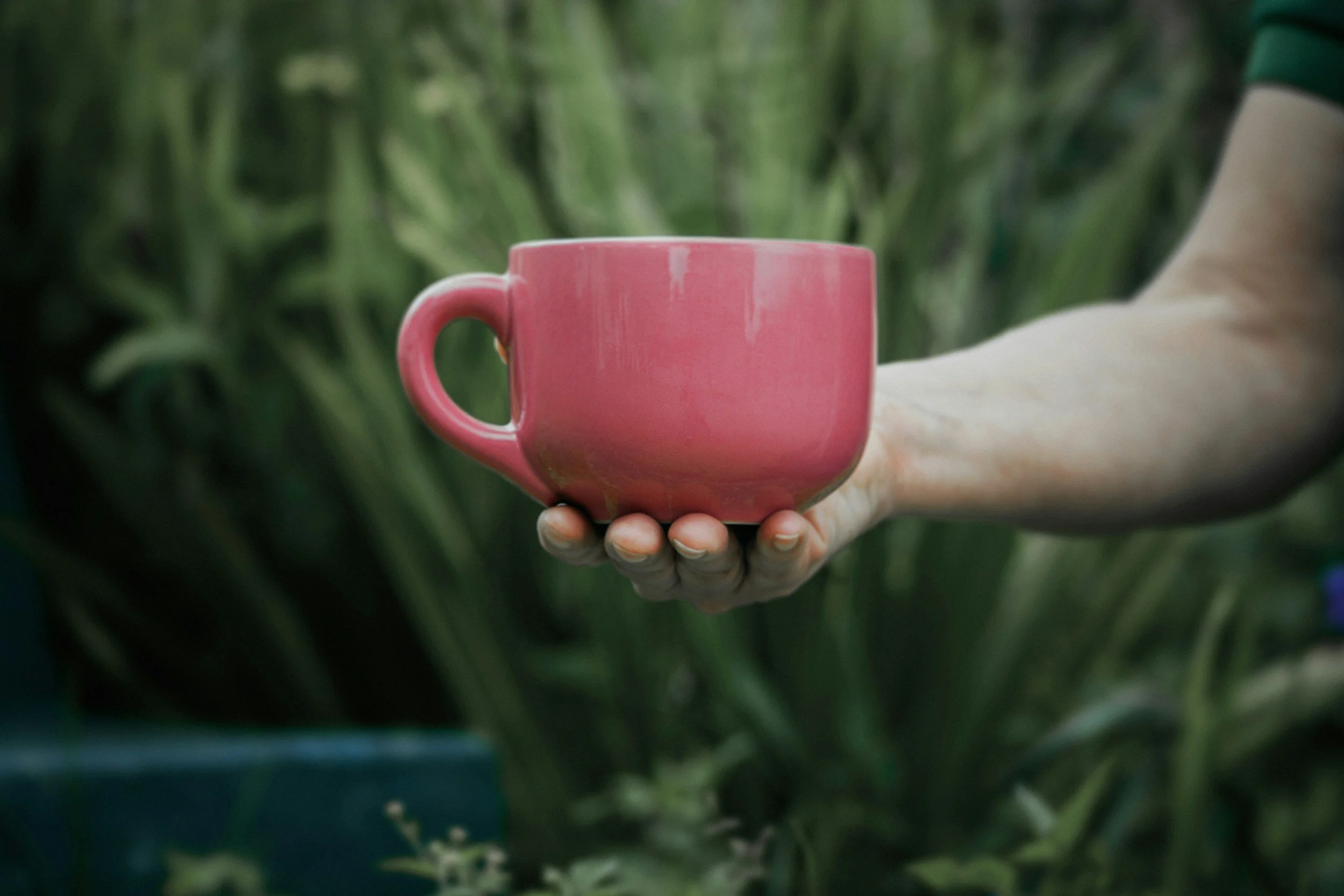 A person holding a pink ceramic coffee mug in front of a blurred green leafy background.