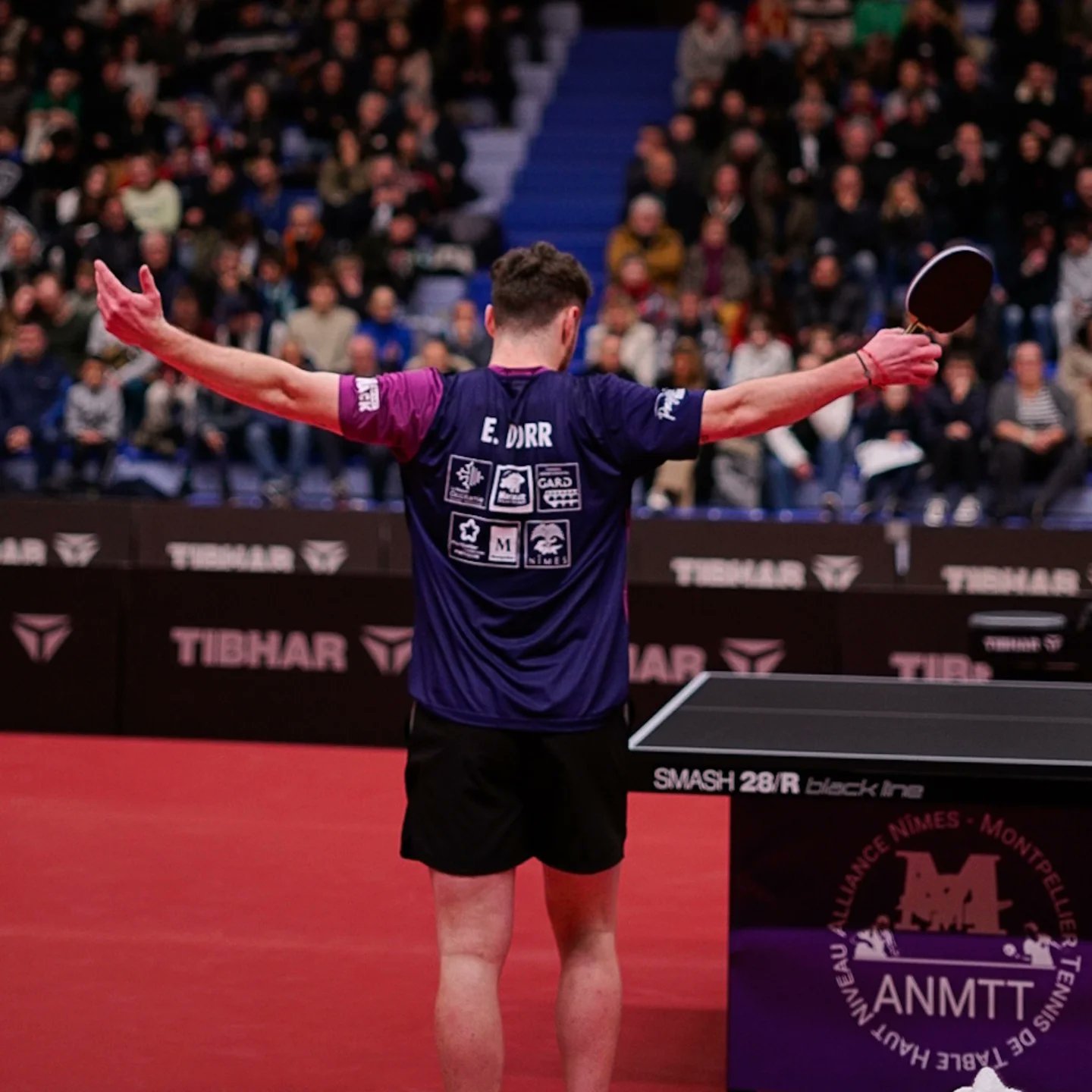 Un joueur de tennis de table avec un maillot violet et noir, vue de dos, saluant une foule lors d'un match. Il tient une raquette dans la main droite, il y a une table de ping-pong à droite, et les spectateurs sont assis en arrière.