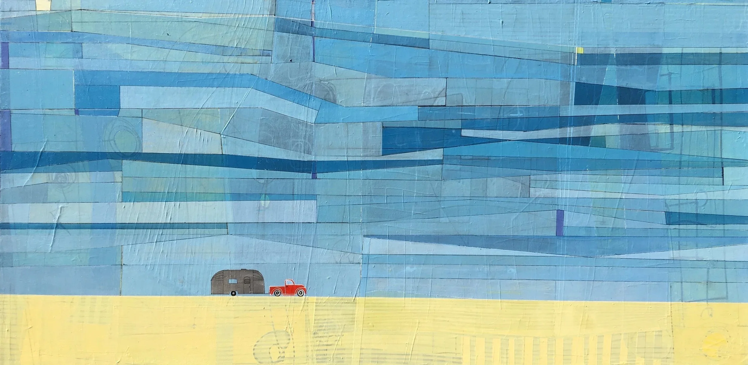 An abstract mural featuring various shades of blue geometric shapes and patterns with a small illustration of an old-fashioned red truck hauling a dark gray camper on a yellow background at the bottom.
