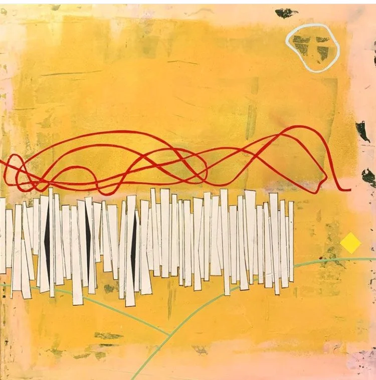 Abstract art with a yellow background, featuring red squiggly lines, white rectangular shapes, a small yellow diamond, and a white circle in the upper right corner with green and black markings inside.