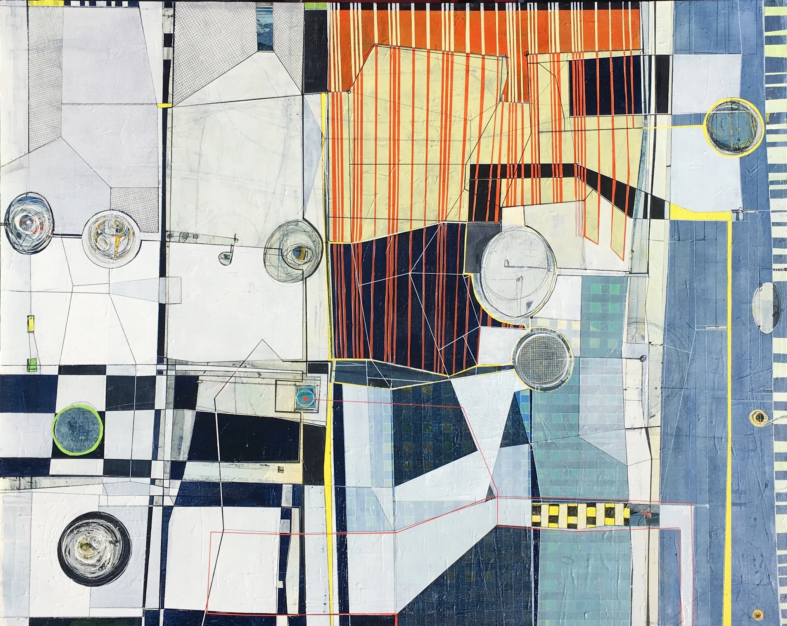 A colorful abstract mural with geometric shapes, lines, and circles in shades of orange, yellow, black, and white, with some green and blue details.